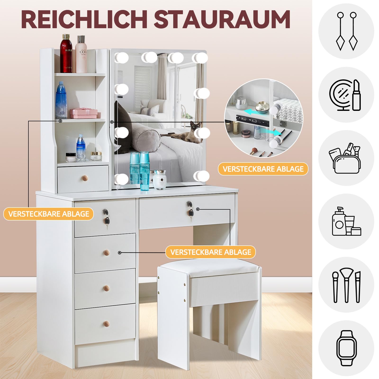 Toeletta Trucco con Luci Regolabili a 3 Colori, Toeletta da Trucco con Specchio e Sgabello, con 6 Cassetti e 6 Ripiani, Bianco 80x36x130 - Camera da Letto e Trucco
