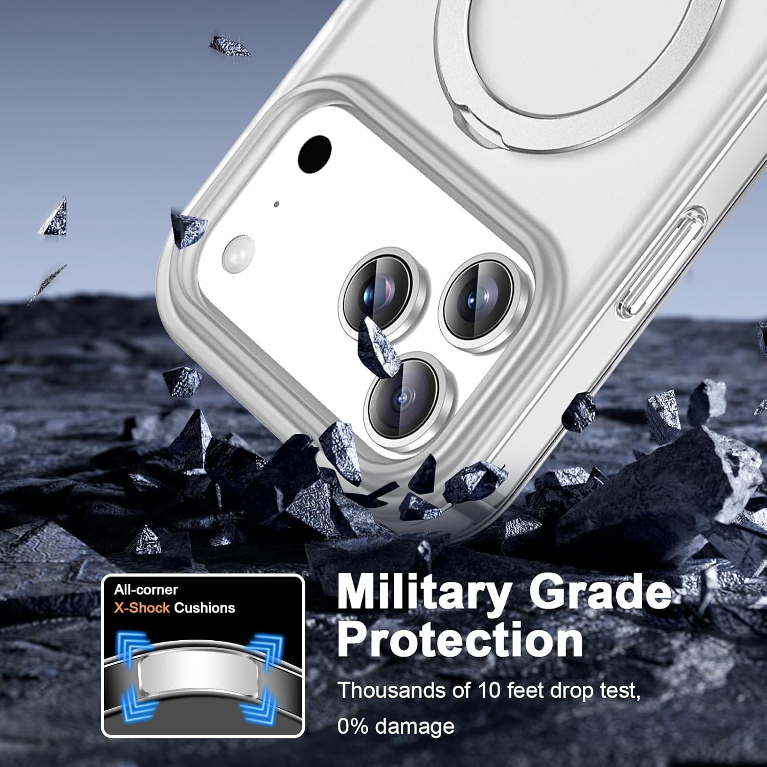 for iPhone 17 Pro Full Body Shockproof Case with Magnetic Invisible Stand [Compatible with MagSafe] Built-in Screen Protector Military Drop ProtectionTranslucent iPhone Cover -White