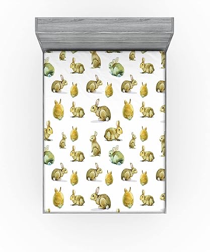 Miniatura 202 de Ambesonne - Sábana bajera ajustable multicolor, en colores y tres tamaños Azul y gris,Verde Militar Sage Green,Ámbar beige,Negro Grey White,Azul