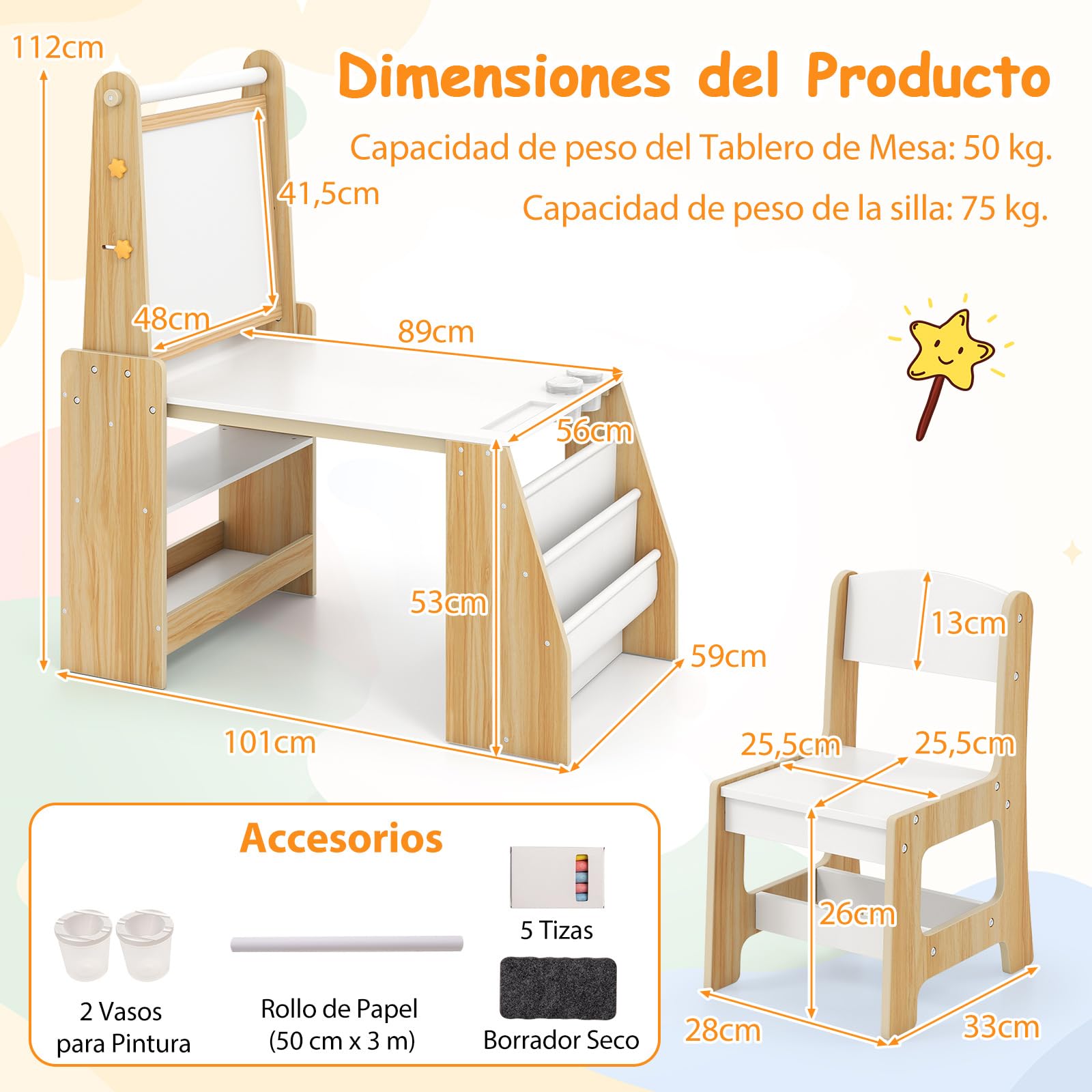 COSTWAY Juego de Mesa y Silla de Arte para Niños, Escritorio con Caballete y Silla, Pizarra Blanca y Pizarra de Tiza, Rollo de Papel, 2 Estantes Abiertos y Estante de 2 Niveles (Natural)