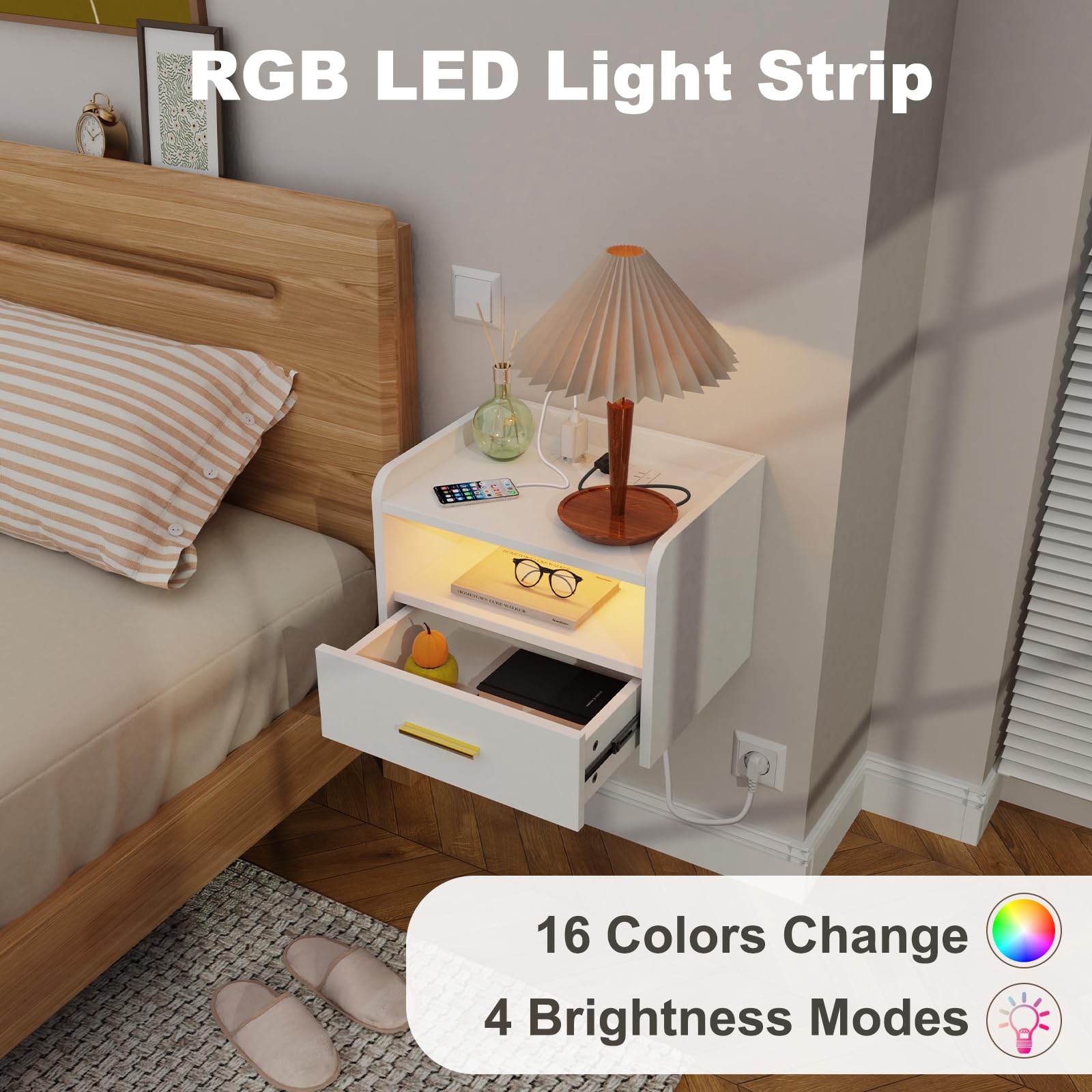 LED Night Table, Set of 2 Bedside Tables, 16 Colours RGB