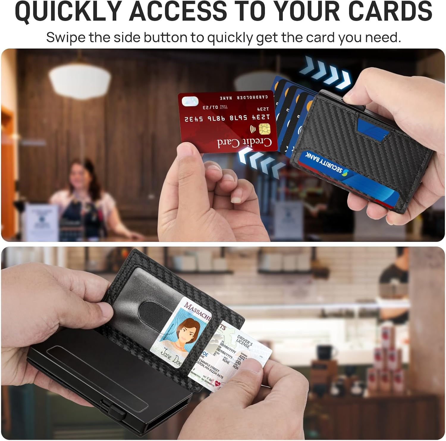 Slim Wallet for Men, Mens Wallet RFID Blocking Minimalist Compact Men's Slim Pop-Up Card Holder with Money Clip ID Window Bifold Leather Front Pocket Wallets for Men (Black-Carbon Fiber) - Image 3