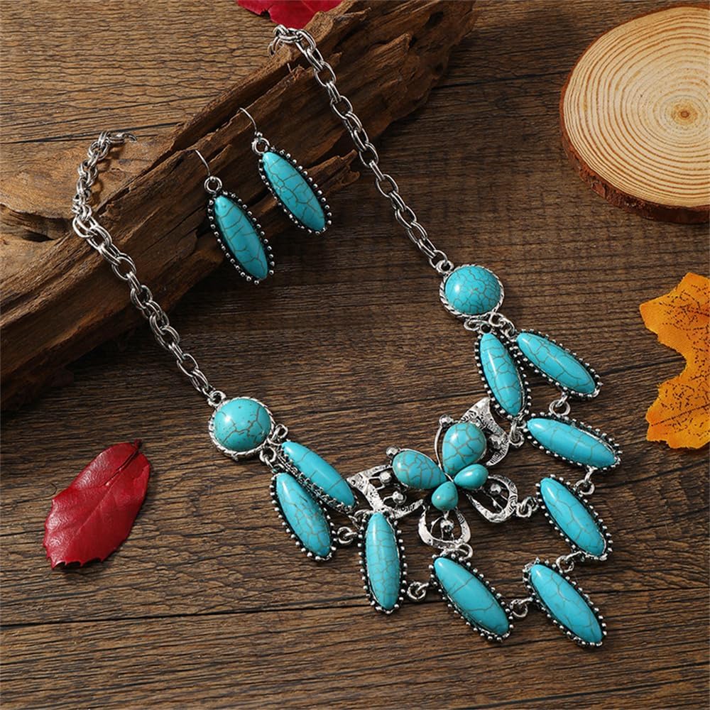 Dtja Boho Turquoise Butterfly Pendant Necklace Teardrop Dangle Earrings Jewelry Set for Women Silver Plated Elegant Bohemian Blue Birthstone Adjustable Layered Collor Chains Gifts - Image 5