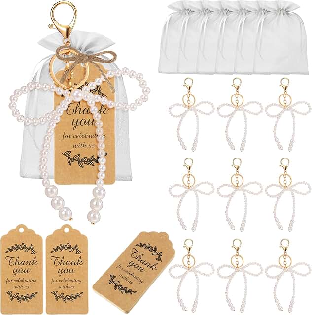 Ecation 20 Set White Pearl Bow Keychain Party Favor Bulk Steel Bowknot K...