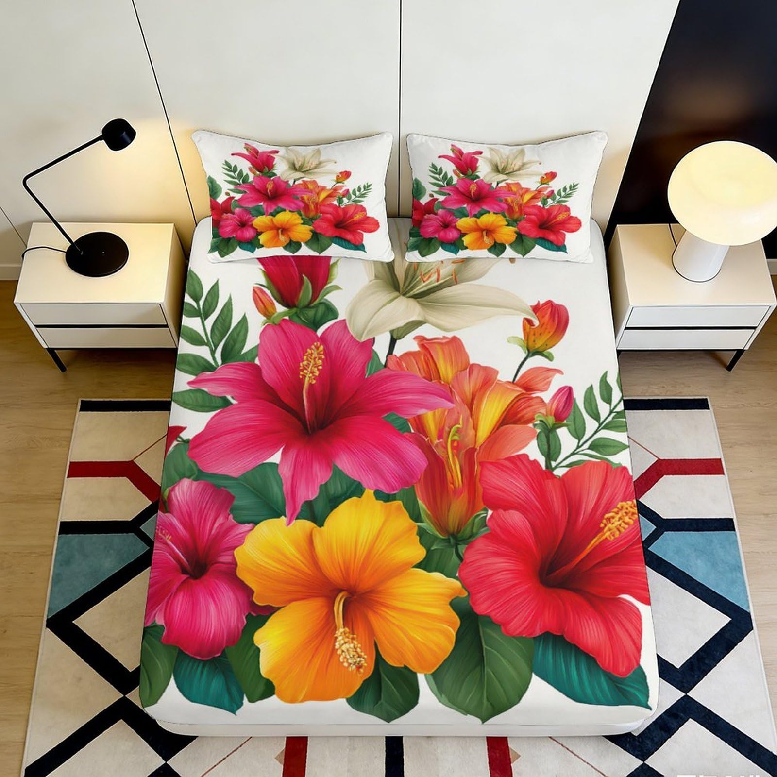 3D Printed Tropical Hibiscus Flower Fitted Sheet Microfiber Soft Vibrant Botanical Bed Cover for Bedroom Dorm Mattress Decor 90x200x25cm