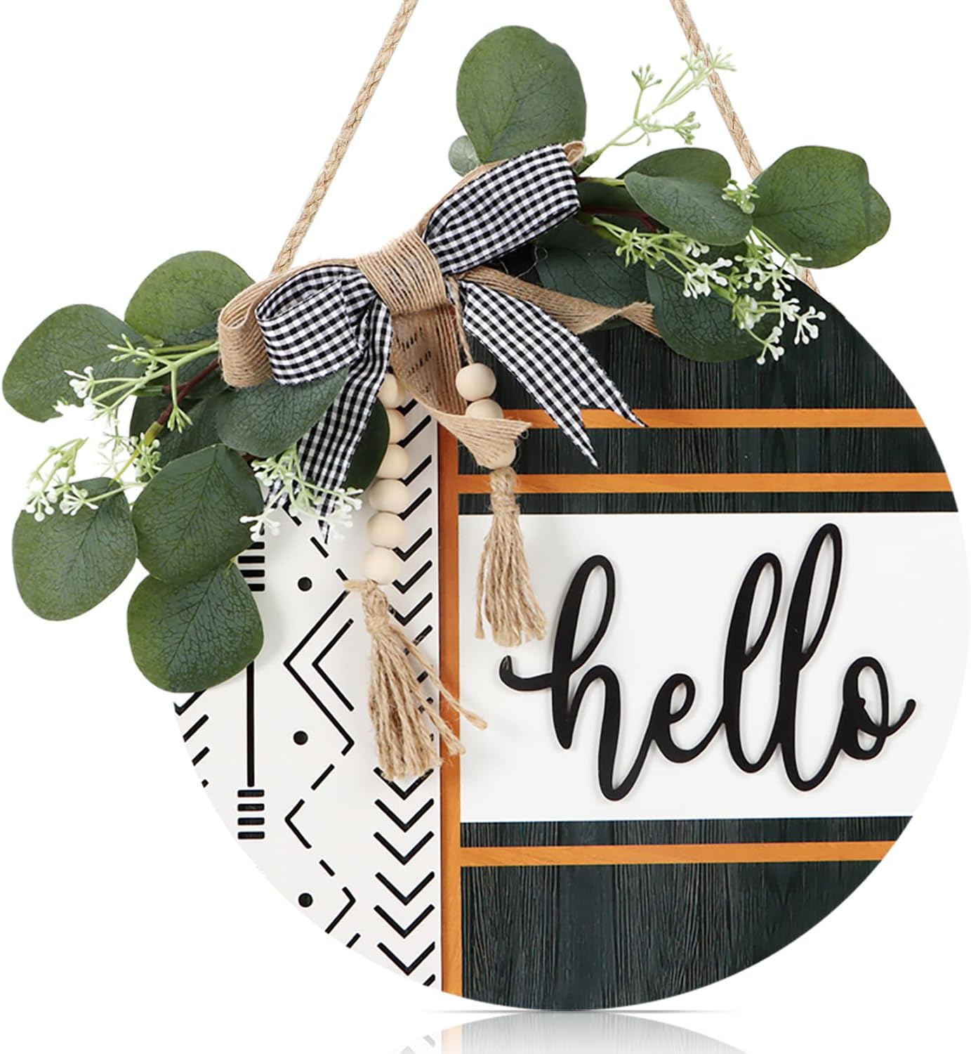CHDITB Boho 3D Hello Front Door Wreath Sign(12"x12"), Farmhouse Front Door Porch Decor with Eucalyptus Leaves Plaid Bow Bead, Rustic All Seasons Door Hanger Decoration Hanging for Office Home