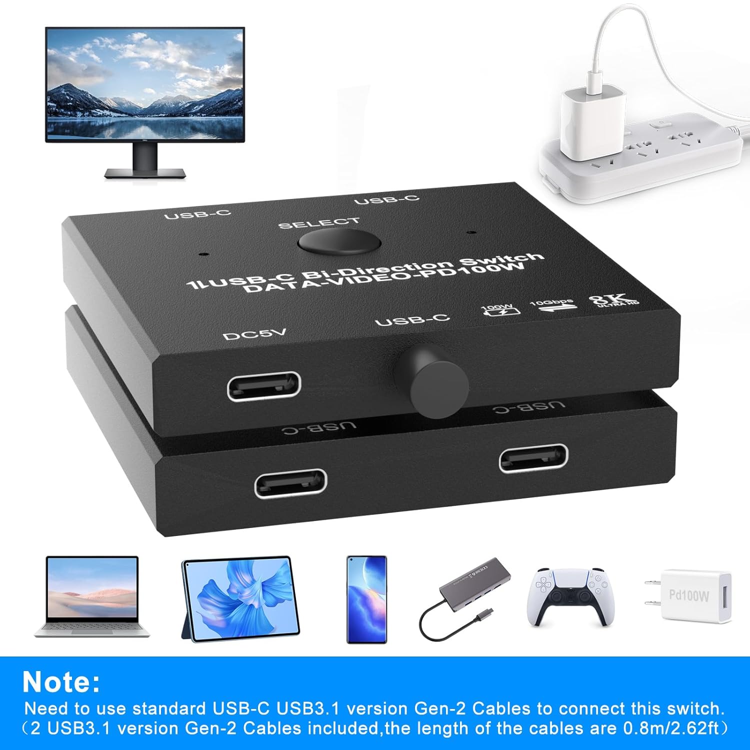 8K USB-C Switch, Bi-Directional KVM Switch with Wired Remote & 2 USB-C Cables, 100W Charging+10Gbps Data+Video Transfer, 8K@60Hz/4K@144Hz