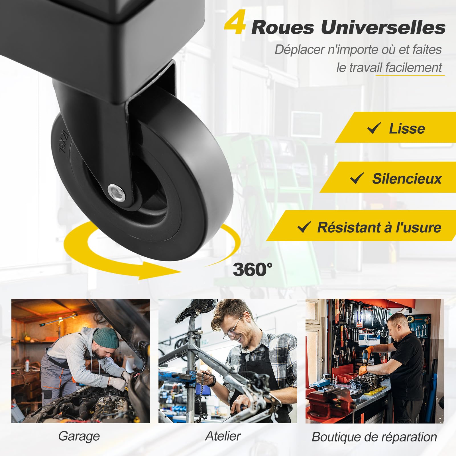 GYMAX Tabouret d'Atelier à roulettes, avec Porte-Outils, Siège Réglable en Hauteur 57-70cm et Pivotant à 360°, Rembourrage d'Éponge Confortable, pour Usine, Garage, Réparation, Mécanicien (Noir)