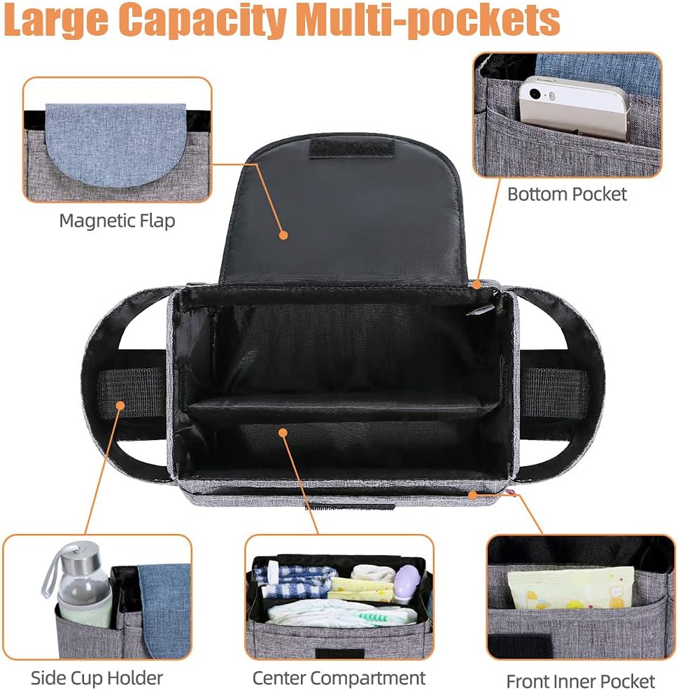 Stroller Organizer Bag,Multifunctional Stroller Bags with Insulated Cup Holder Baby Stroller Accessories Storage Bag for Bottle,Diaper,Phone,Keys,Toys,Baby Items (Grey) : Baby