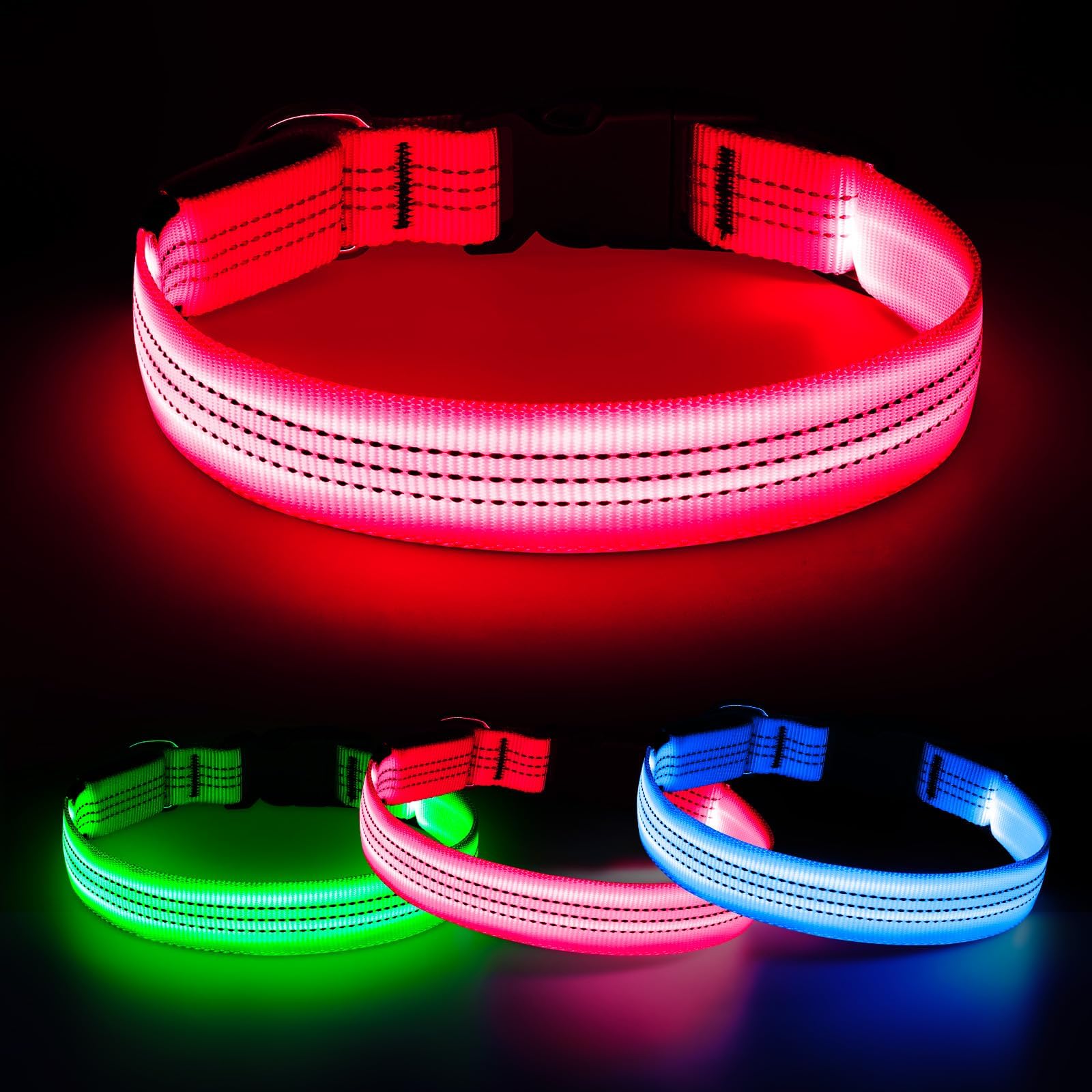 Light Up Dog Collar, USB Rechargeable Reflective LED Pet Collar Adjustable High Visibility Doggie Necklace Lights for Night Walking (Pink, Large)