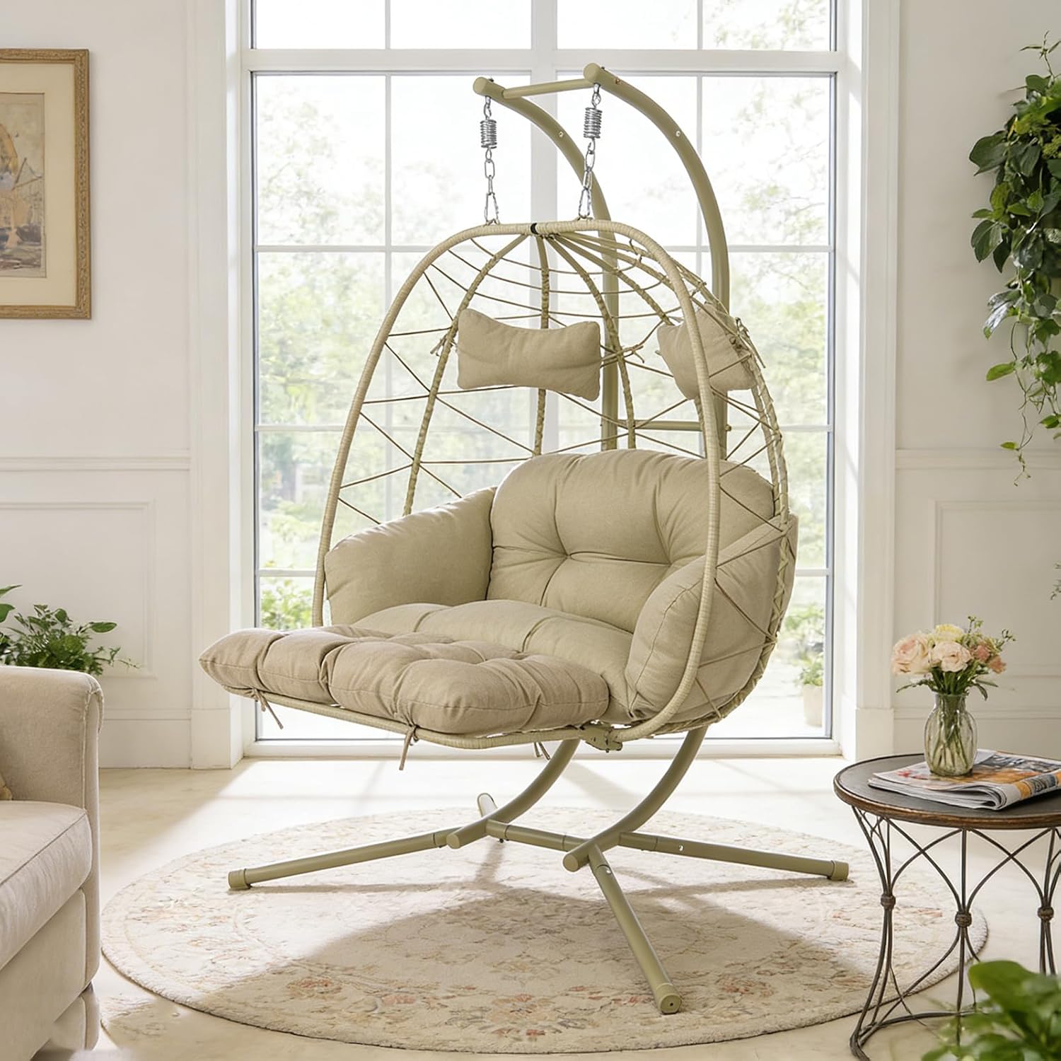 Double Outdoor Egg Chair with Stand, 2 Person Hanging Egg Chair with Adjustable Footrest, Wicker Egg Swing Chair with Thickened Cushions for Backyard Garden, 660Lbs, Cyan