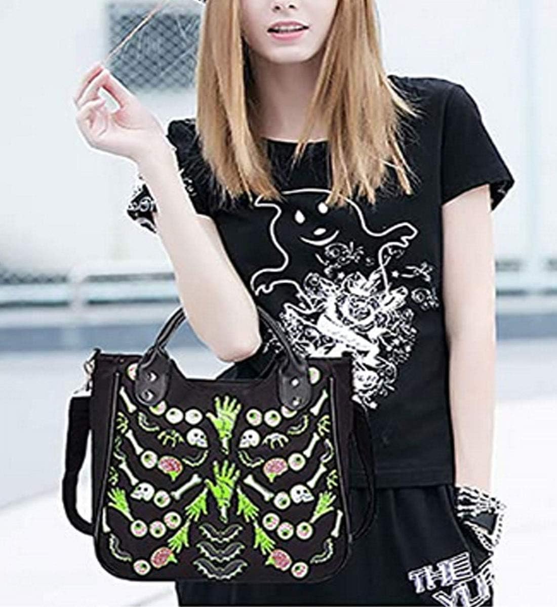 Women Punk Rivet Handbag Purse Canvas Tote Shoulder Crossbody Bag Large Capacity Satchel Black