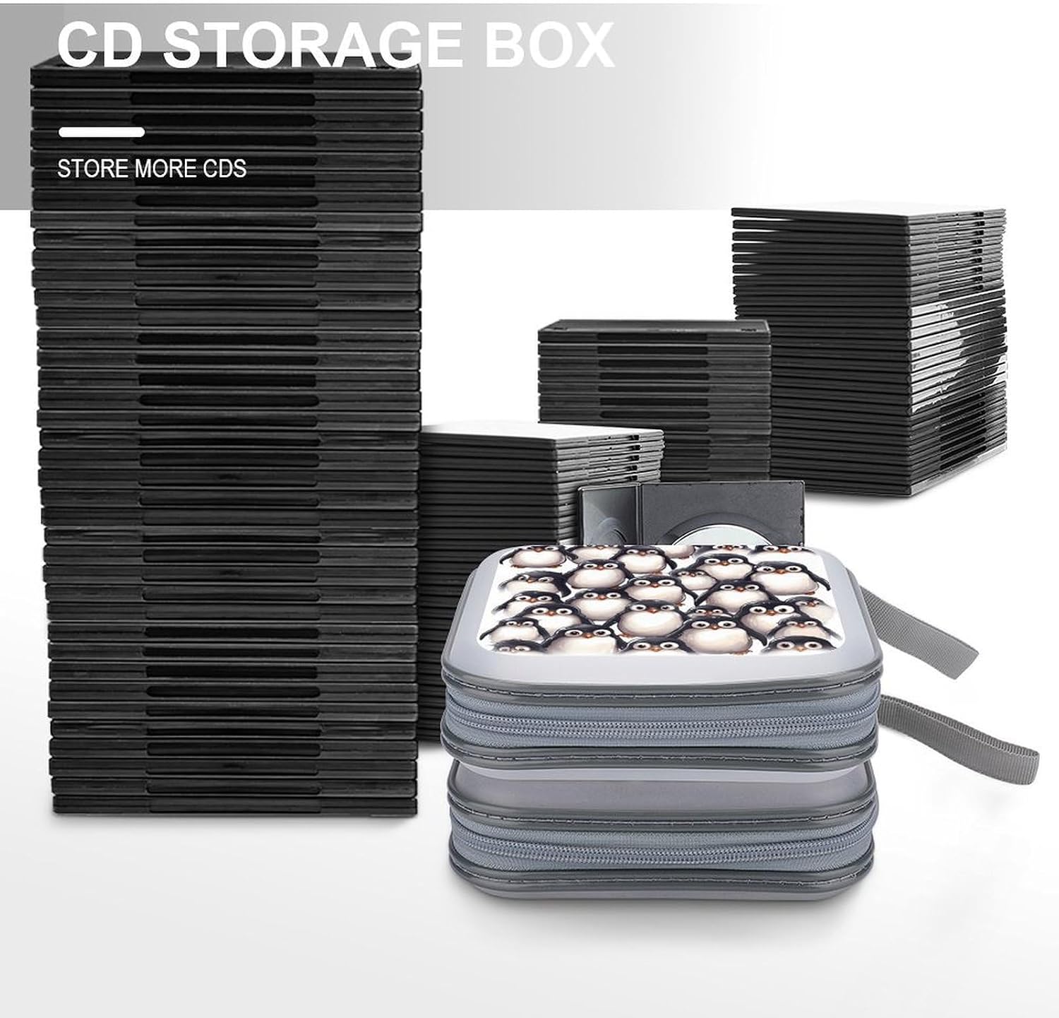 Cute Baby Penguins Sketch CD Case 40 Capacity CD/DVD Case Holders Hard Plastic DVD Disc Cases Portable Zipper CD Cases Holder Disc Storage Organizer Wallet Bag for Car Home Travel