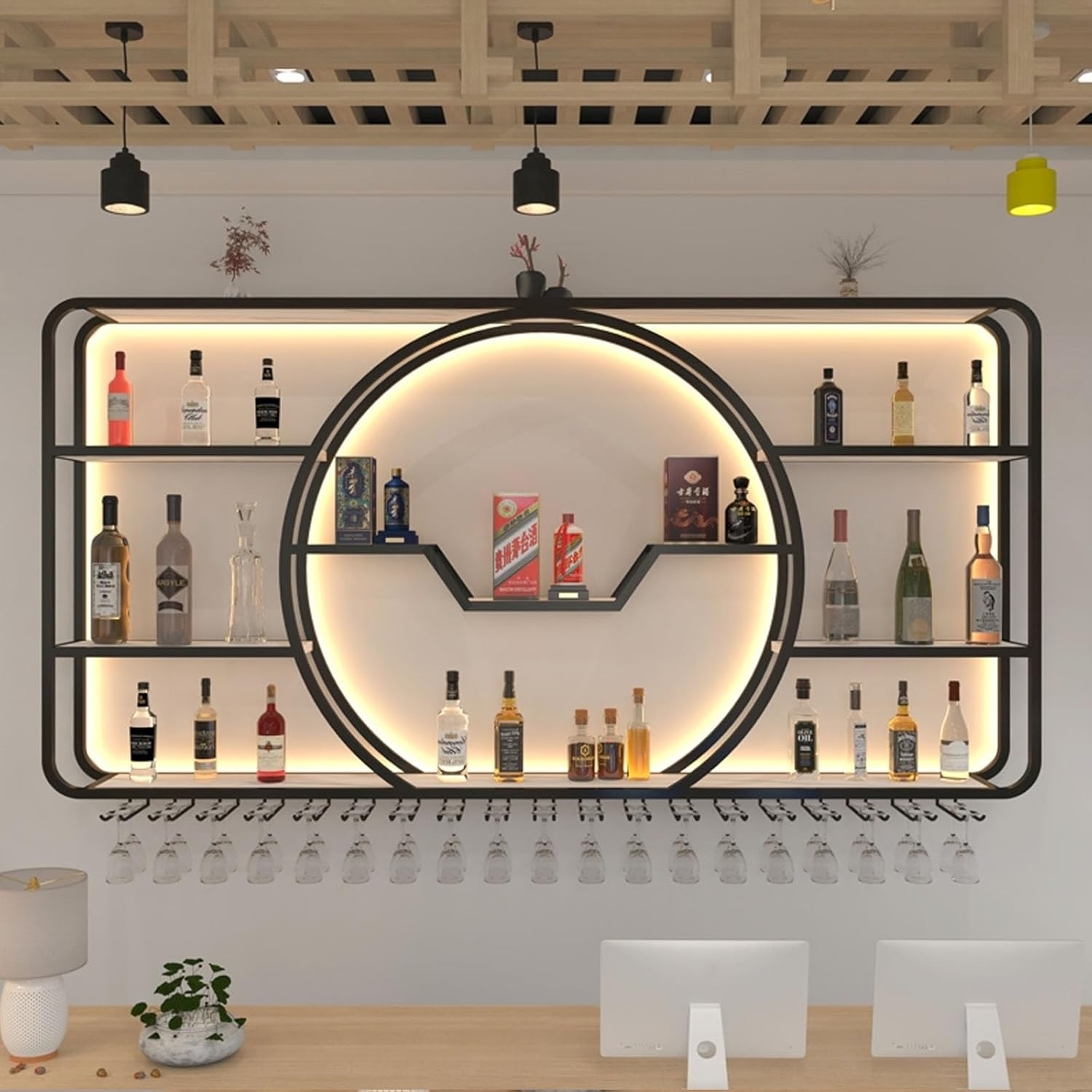 Large Wall Mounted Wine Rack With LED Light,Upgrade Metal Wine Rack Wall Mounted,Bar Unit Floating Shelves Iron Display Stand Wine Holder Large 3-Tier Liquor Bar Display Shelf With Wine Glasses(Black,