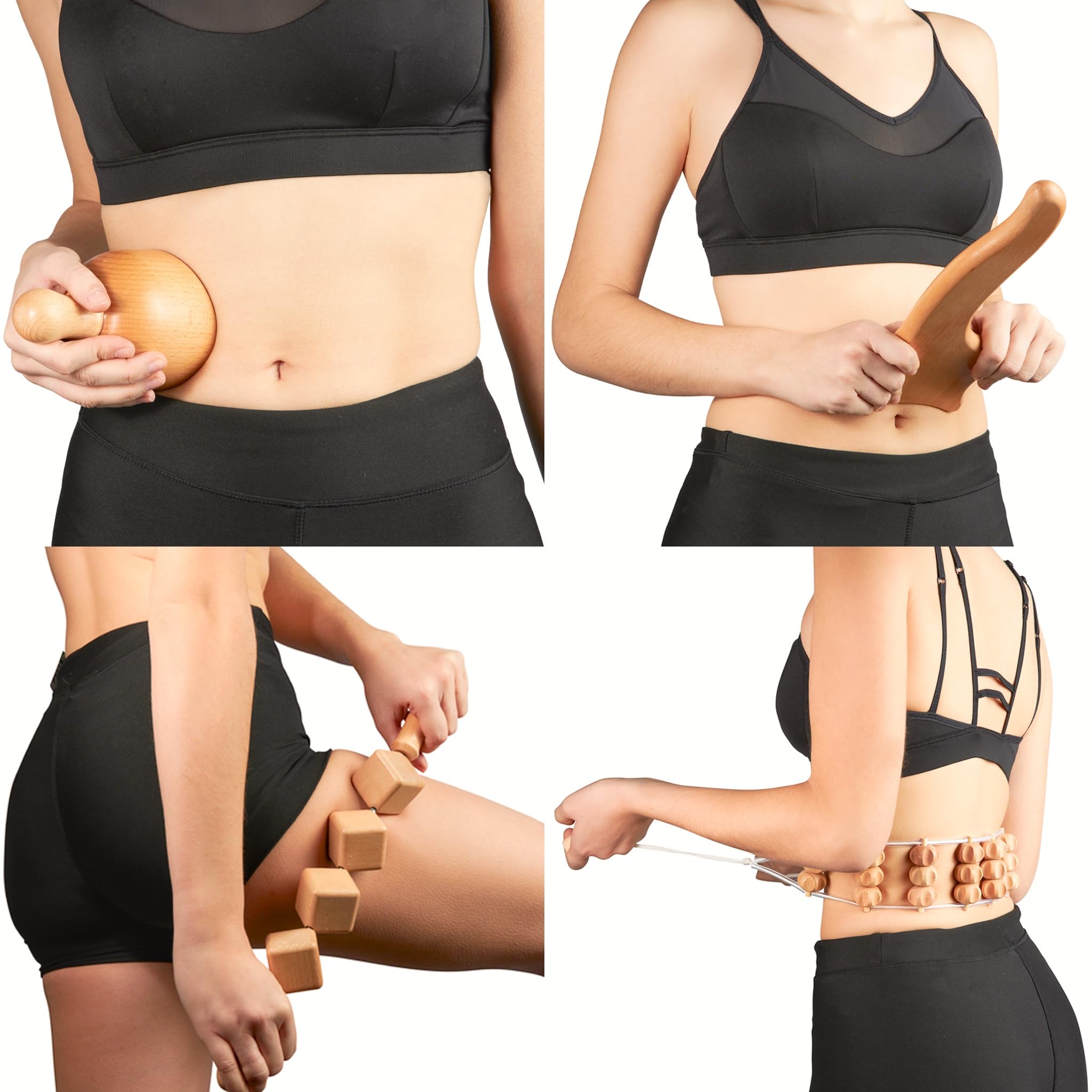 Professionelles Maderotherapie Set mit 6 Stücken. Faszienstab Holz, Anti Cellulite Massagegerät für Beine und Körper. Faszienrolle und Massagestab Holz. Lymphdrainage Gerät aus Buchenholz.