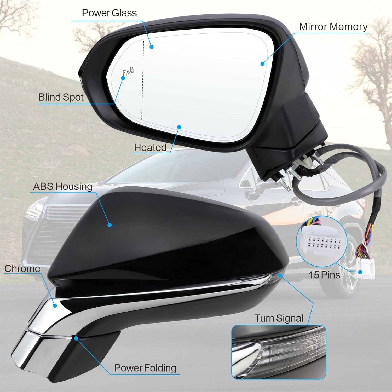 Left Driver Side Mirror Compatible With 2016-2022 Lexus RX350 RX450h 2018-2022 RX350L RX450hL With Power Folding Heated Blind Spot Turn Signal Mirror Memory Black Replace#87940-0E251(15Pins)