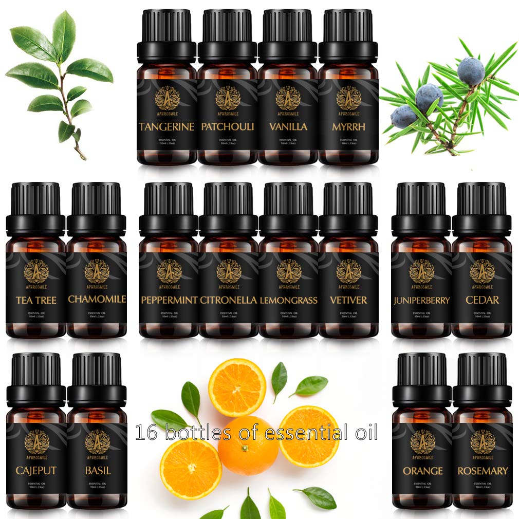 16x10ml Aromatherapie Vanille ätherisches Öl Set für Diffusor, 100% reine Kamille ätherisches Öl für Hause- Zeder, Patchouli, Myrrhe Öle..., Premium Qualität Wacholder beere Öl für Massage