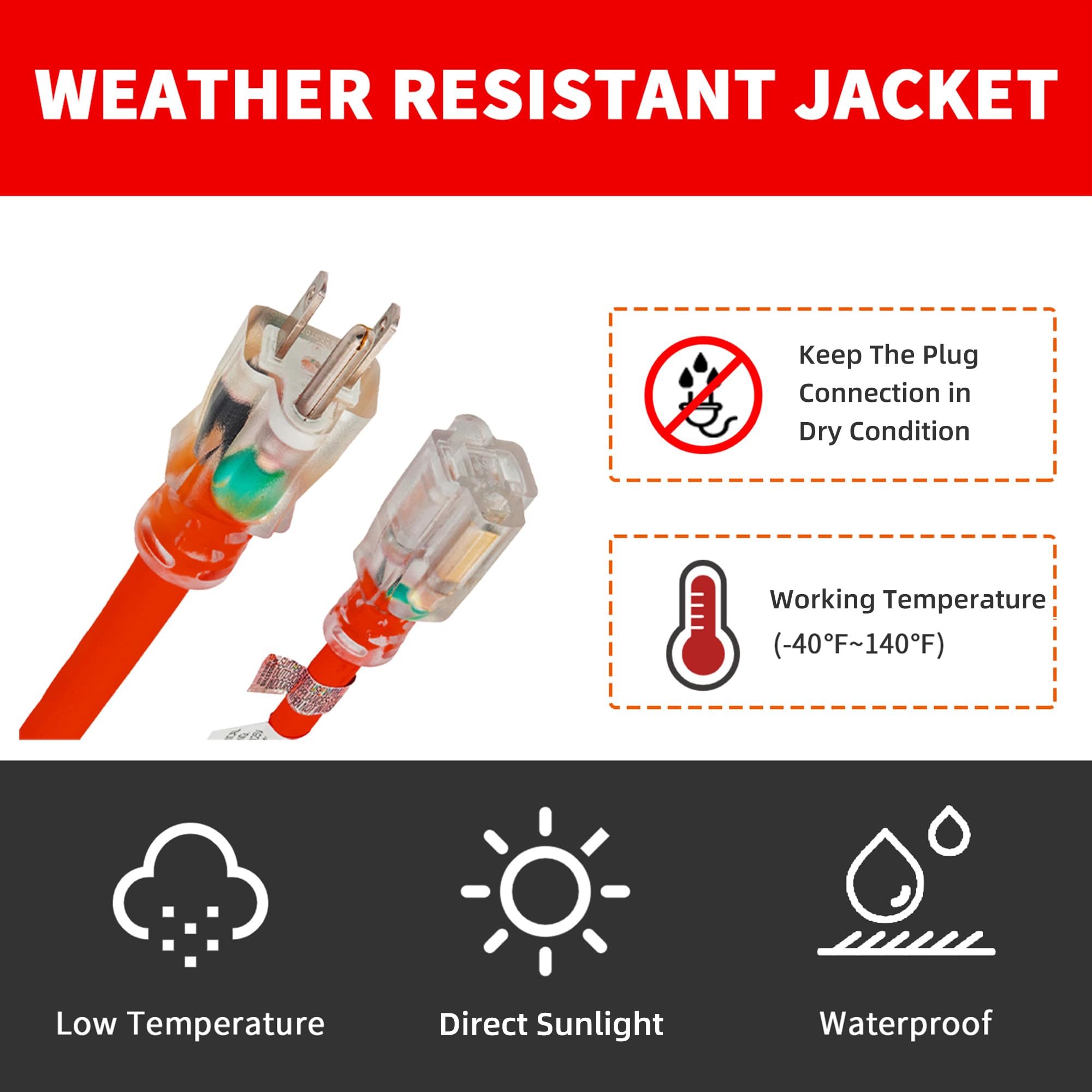 Cable de extensión iluminado para exteriores de 10 pies, 12/3, calibre 12, 3 clavijas, SJTW, resistente, cable de extensión rojo neón con enchufe de 3 clavijas para mayor seguridad, listado