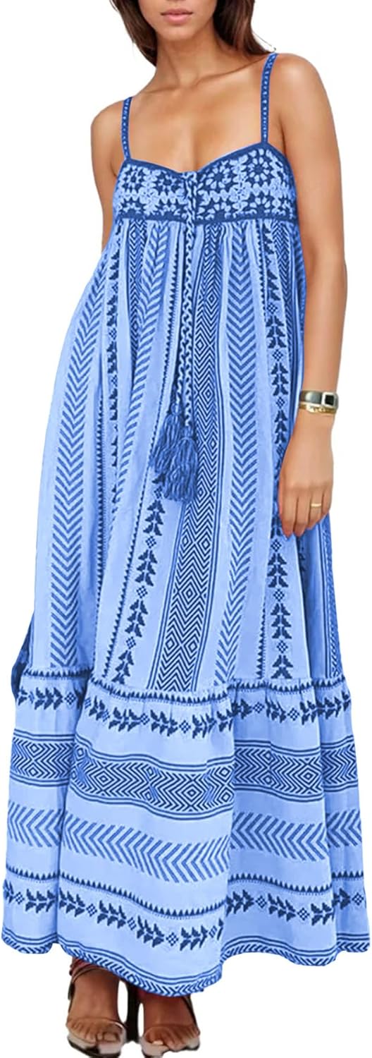 Women Boho Ethnic Maxi Dress Crochet Patchwork Slip Sleeveless Long Lace Flowy Swing Dress Beach Sundresses