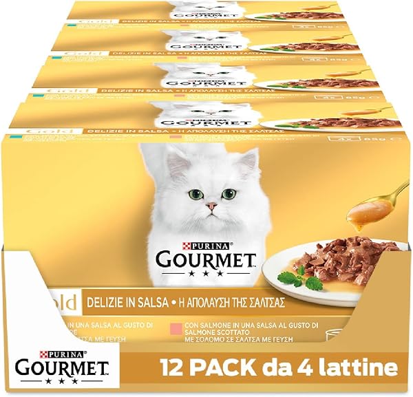 GOURMET Gold Wet Food for Adult Cats Delights in Salsa with Salmon and Tuna, 48 Cans of 85 g, Intense Taste Recipe - 1