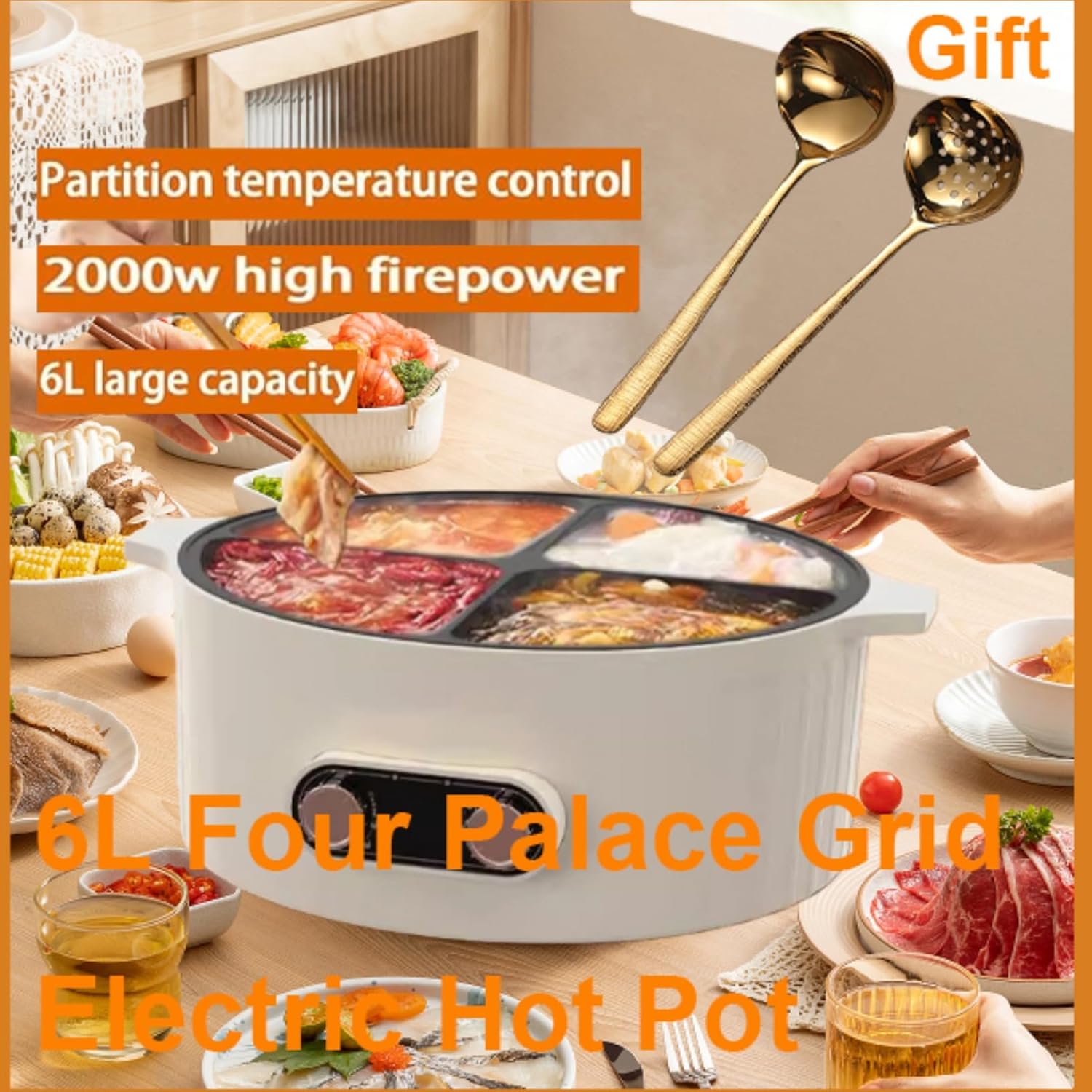 Four Grid Multifunctional Stew Pot, Electric Pot 4 Compartment 4 Compartment Divider Cooker -6L Shabu Shabu Pot Electric Large For Home Party