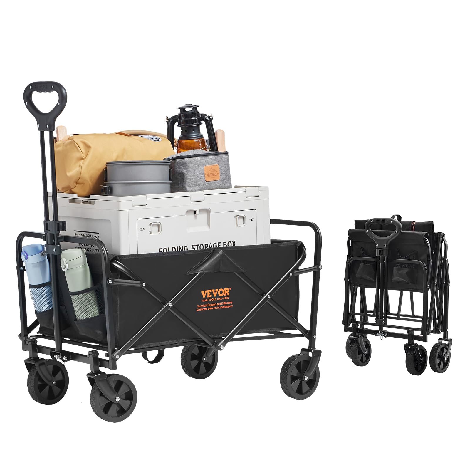 VEVOR Collapsible Folding Wagon, 2 cu.ft Grass Wagon Cart with All-Terrain 5in Wheels, Heavy Duty Folding Cart 220 lbs Weight Capacity with Drink Holders, for Camping, Shopping