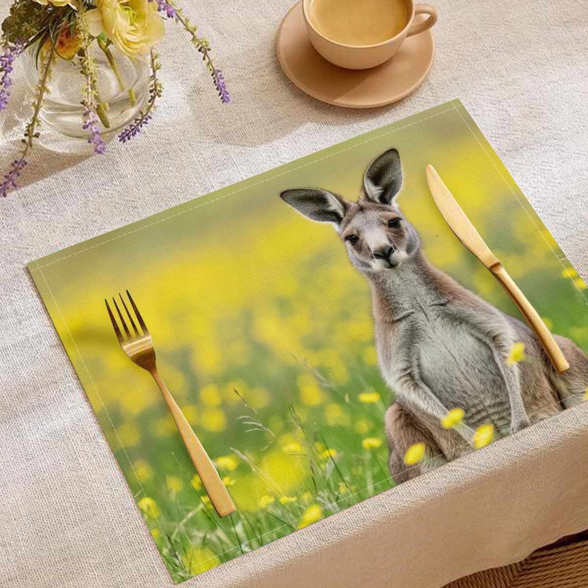 Set di 8 Colazione Stoffa 30x45cm, Fiori Gialli Di Colza Cotone e lino Tovagliette Americane Lavabili, Tovagliette Campagna Canguri per Primavera Vacanze Cucina Feste, Pasqua