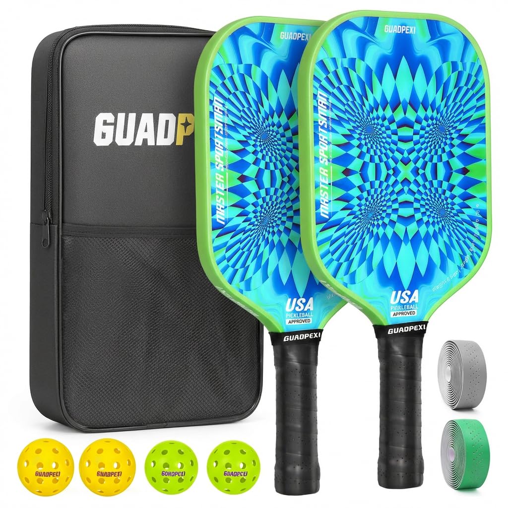 Palas de pickleball – Superficie de fibra de vidrio aprobada por USAPA, núcleo de panal de polipropileno – Pala ligera de 8.5 onzas con agarre acolchado que absorbe el sudor, diseño morado