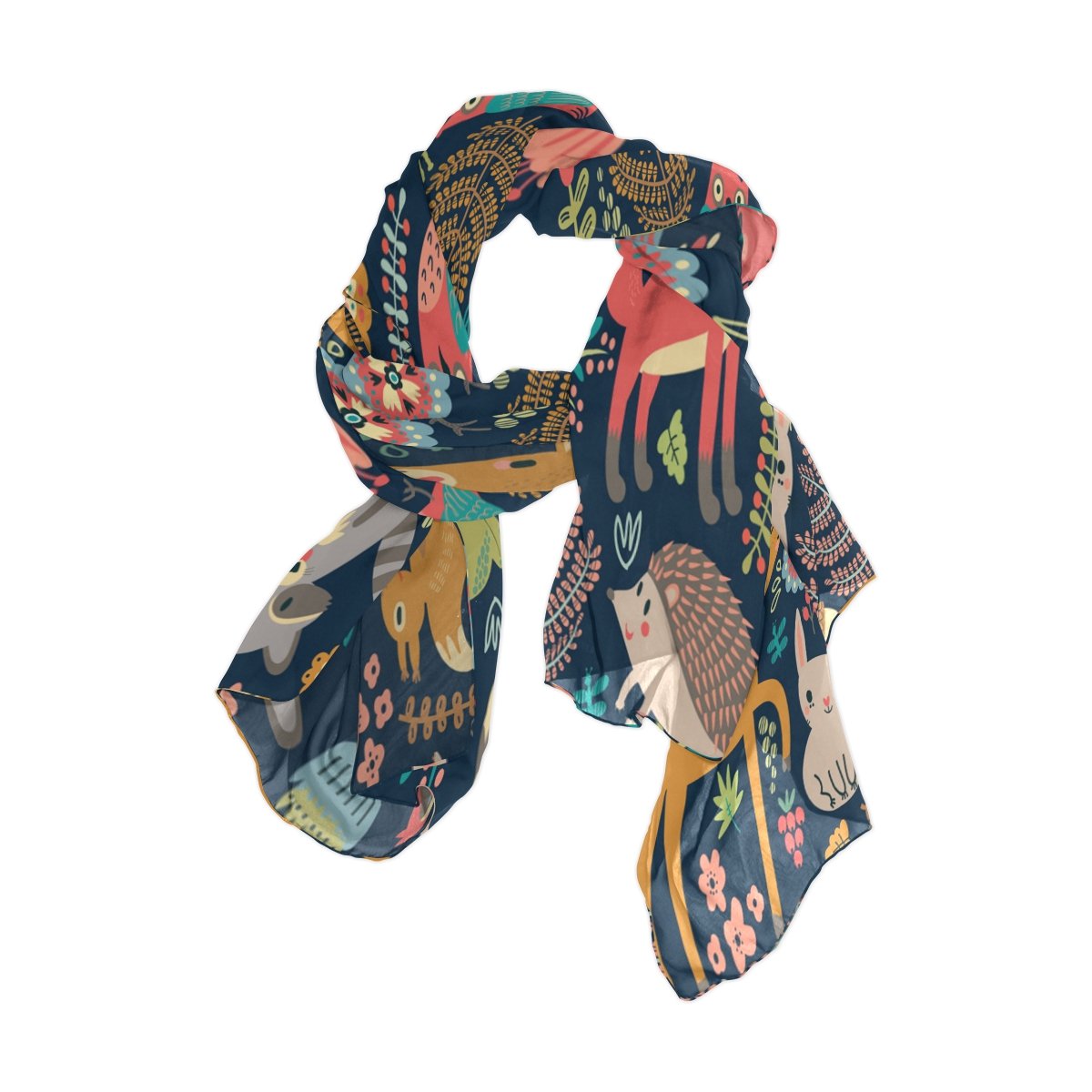 Use7 Women's Multicoloured Fashion Forest Animal Fox Hedgehog Chiffon Long Scarf Shawl Wrap