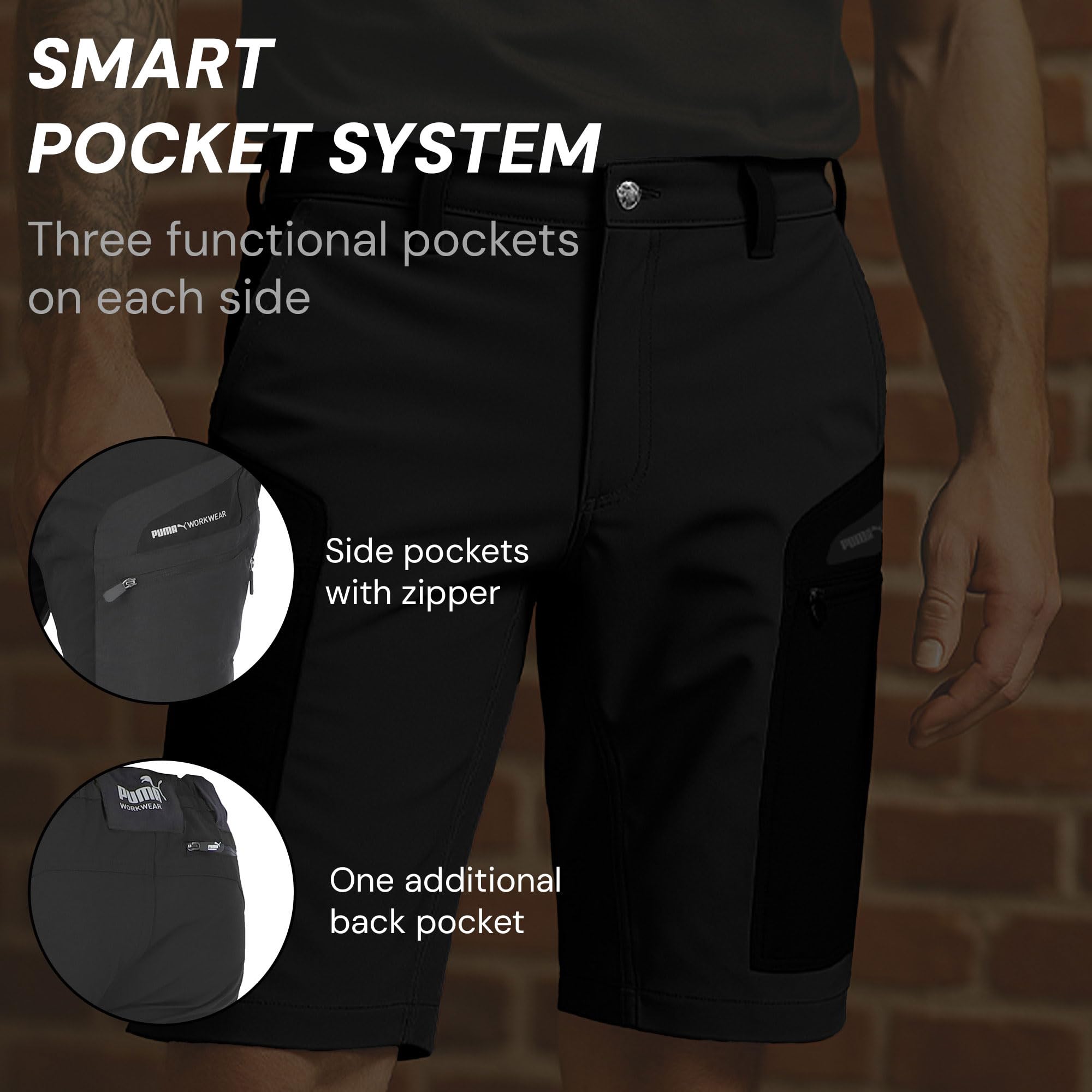 PUMA Workwear Pro-One Adventure Short de randonnée pour homme - Nylon renforcé et durable - Pantalon de trekking avec stretch 4 directions - Avec anneau en D - Pantalon d'extérieur
