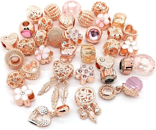 Miniatura 29 de Cuentas mixtas de 40 piezas, dijes para hacer joyas, cuentas de aleación de agujero grande con pedrería, colores y estilos variados al azar, Metal