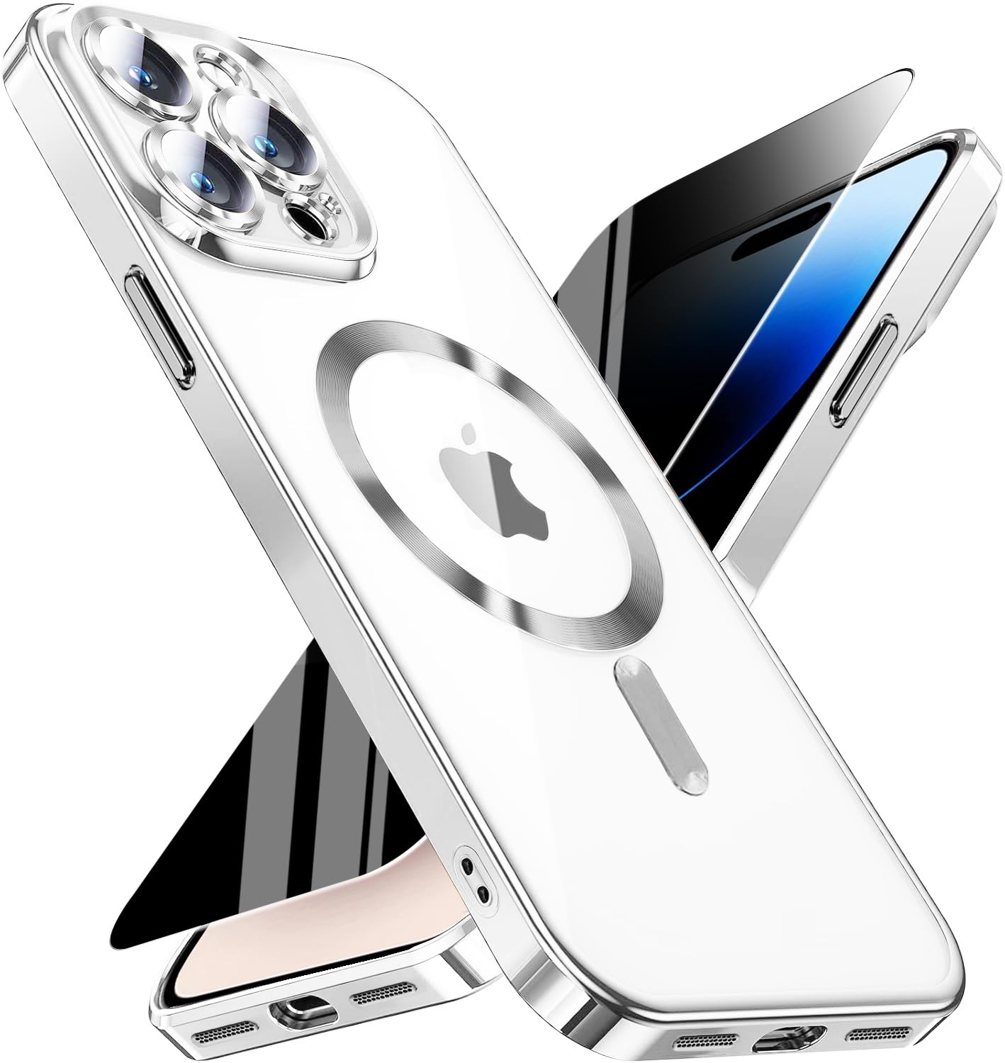 Magnetic for iPhone 14 Pro Max Case with Privacy Screen Protector &amp; Full Camera Cover,[Non-Yellowing] Plating Glossy Soft Shockproof Clear Phone Case with MagSafe Women Girls for 14 ProMax,Sliver