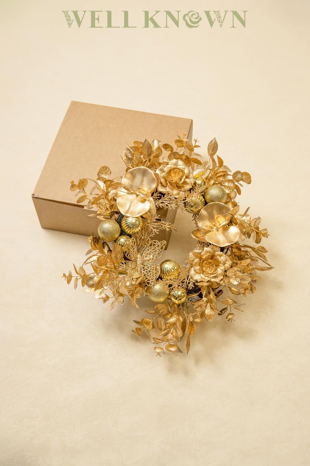 WELL KNOWN Artificial Flower Candle Rings Wreath, 12" Small Gold Orchid Eucalyptus Wreath for Candles & Candleholders, Dining Table Centerpieces for Home Wedding Party Hanging Decor & Gift