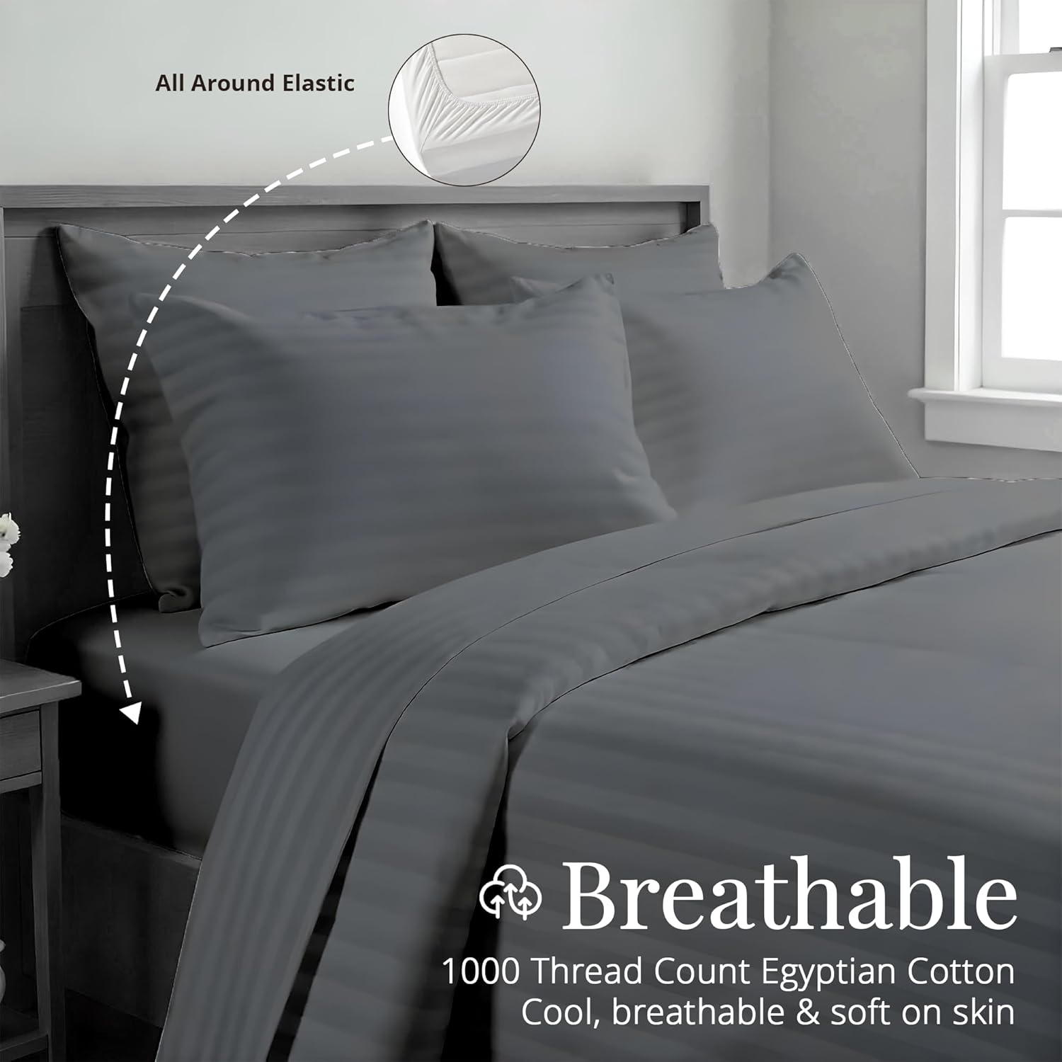 100% Egyptian Cotton Queen Size Damask Striped Sheets, 1000 Thread Count Luxury Breathable Sheet, 4Pc Queen Size Bed Sheet Set, Long Staple 16" Deep Pocket Sheets Set: Dark Grey - Image 5