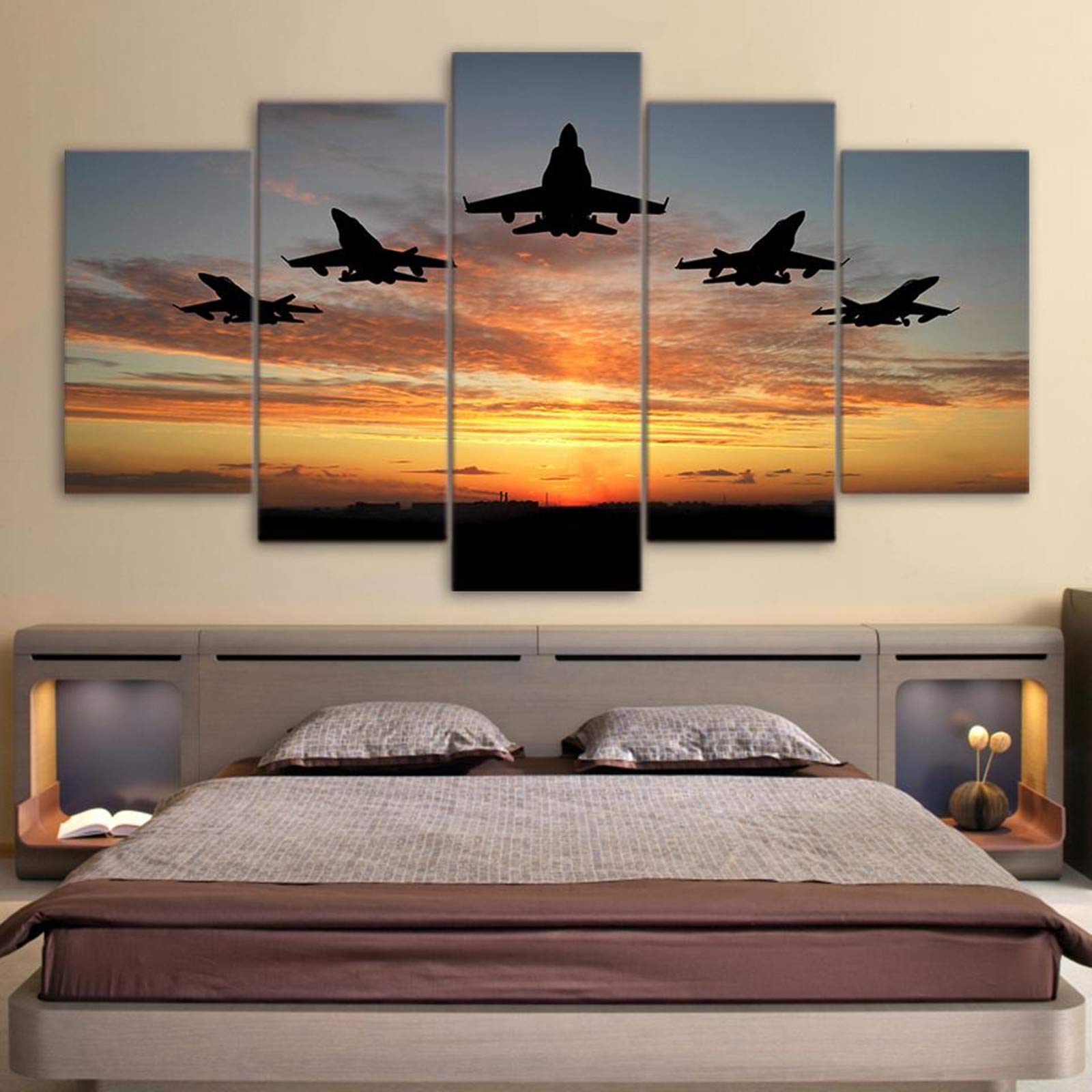 HAOSHUNDA 5 impresiones en lienzo con forma F18 al atardecer en la puesta del sol arte de la pared del avión militar, cuadros de lona estirados y enmarcados para decoración del hogar (12 x 20 x 2,12