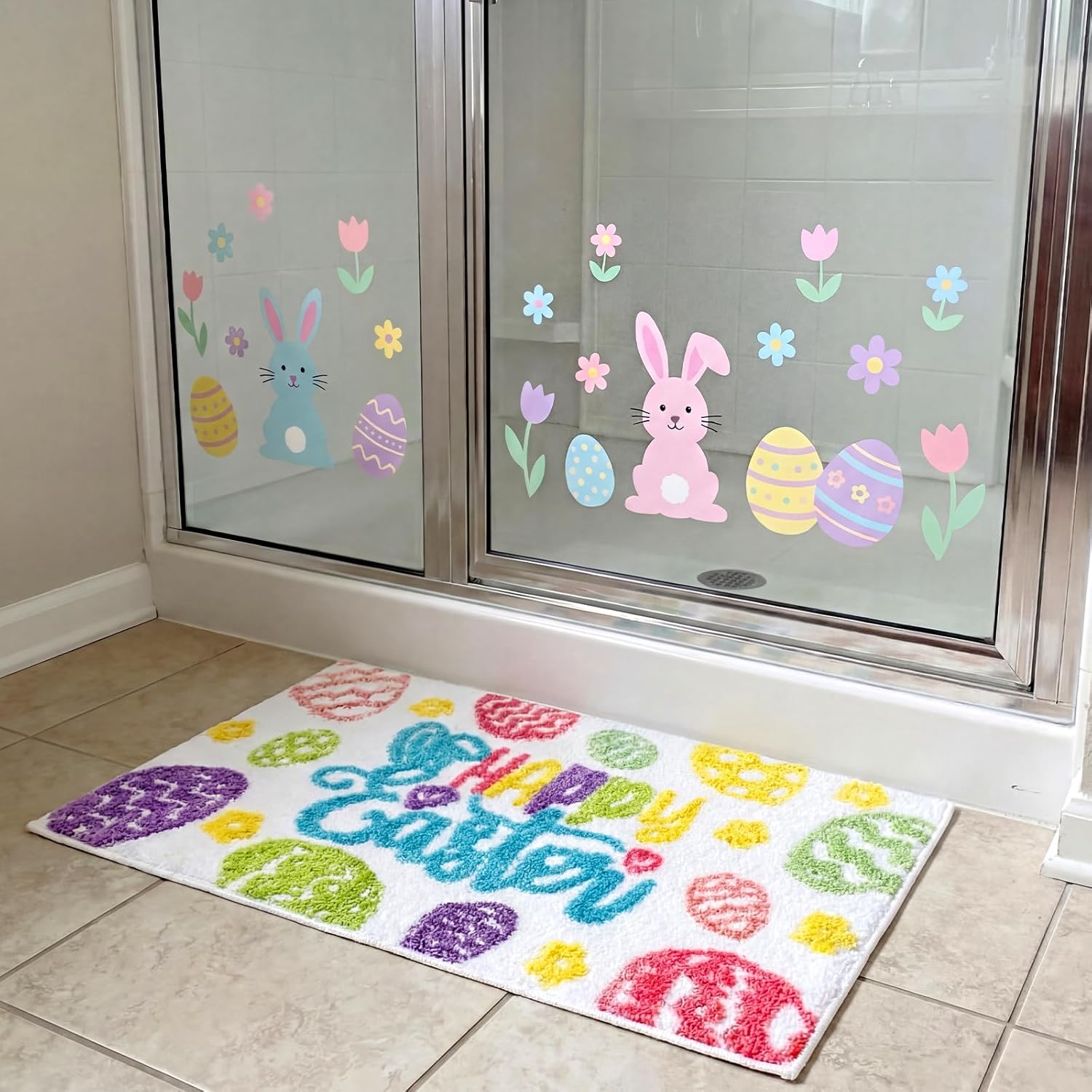 Tinideya Easter Bathroom Rug 17 x 29'' Spring Easter Rugs for Bathroom Bunny Eggs Fluffy Water Absorbent Bath Rug Farmhouse Non Slip for Holiday Kitchen Decoration