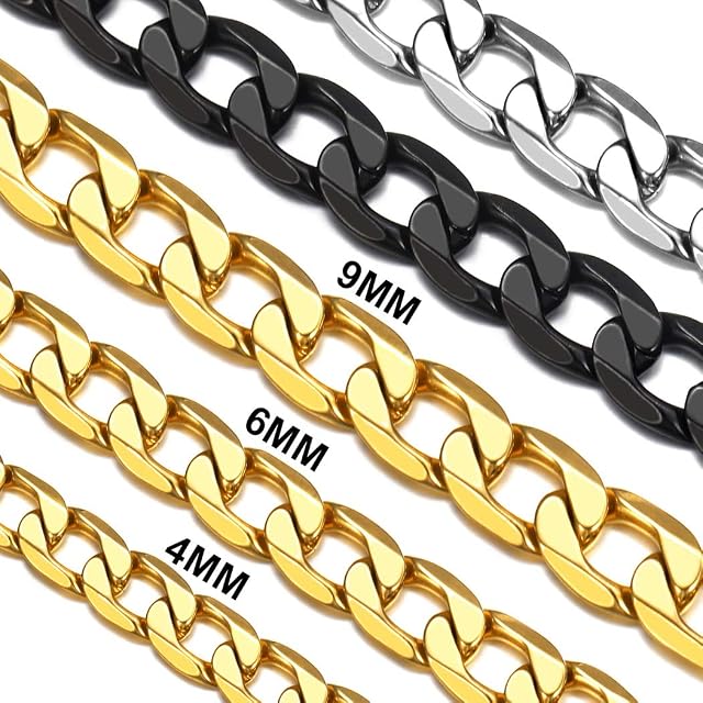 Suplight 316L Stainless Steel Yellow Gold/Black Plated Punk Miami Curb Cuban/Square Box/Figaro Chain for Men 4MM 6MM 9MM 18" 20" 22" 24" 26" 28" 30"