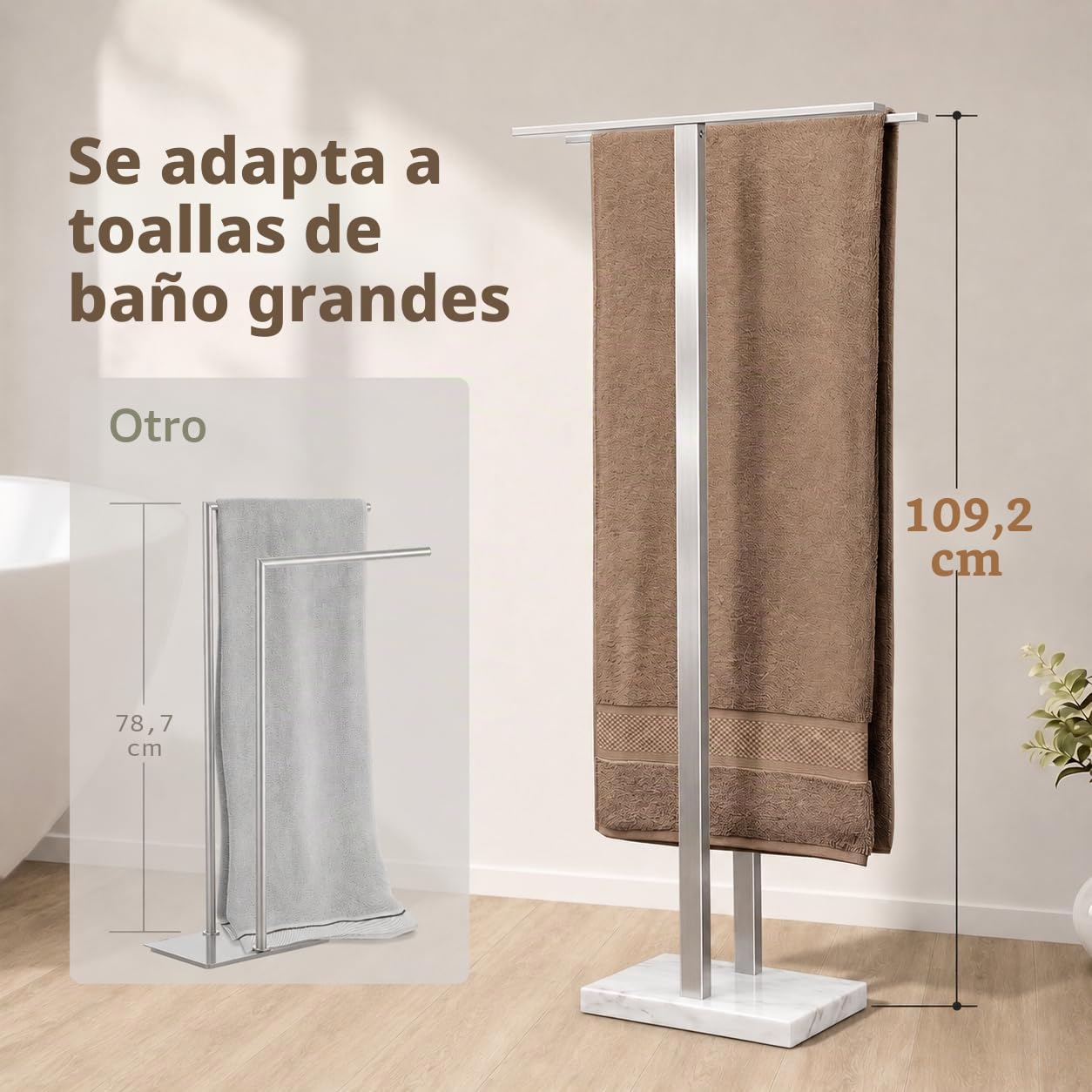 KES Toallero de pie para baño, Toallero de pie con Base de mármol ponderada de 2 Niveles, Toallero de baño Doble Extra Alto y Grueso de Acero Inoxidable 18/8 Acabado Cepillado, BTH232-2