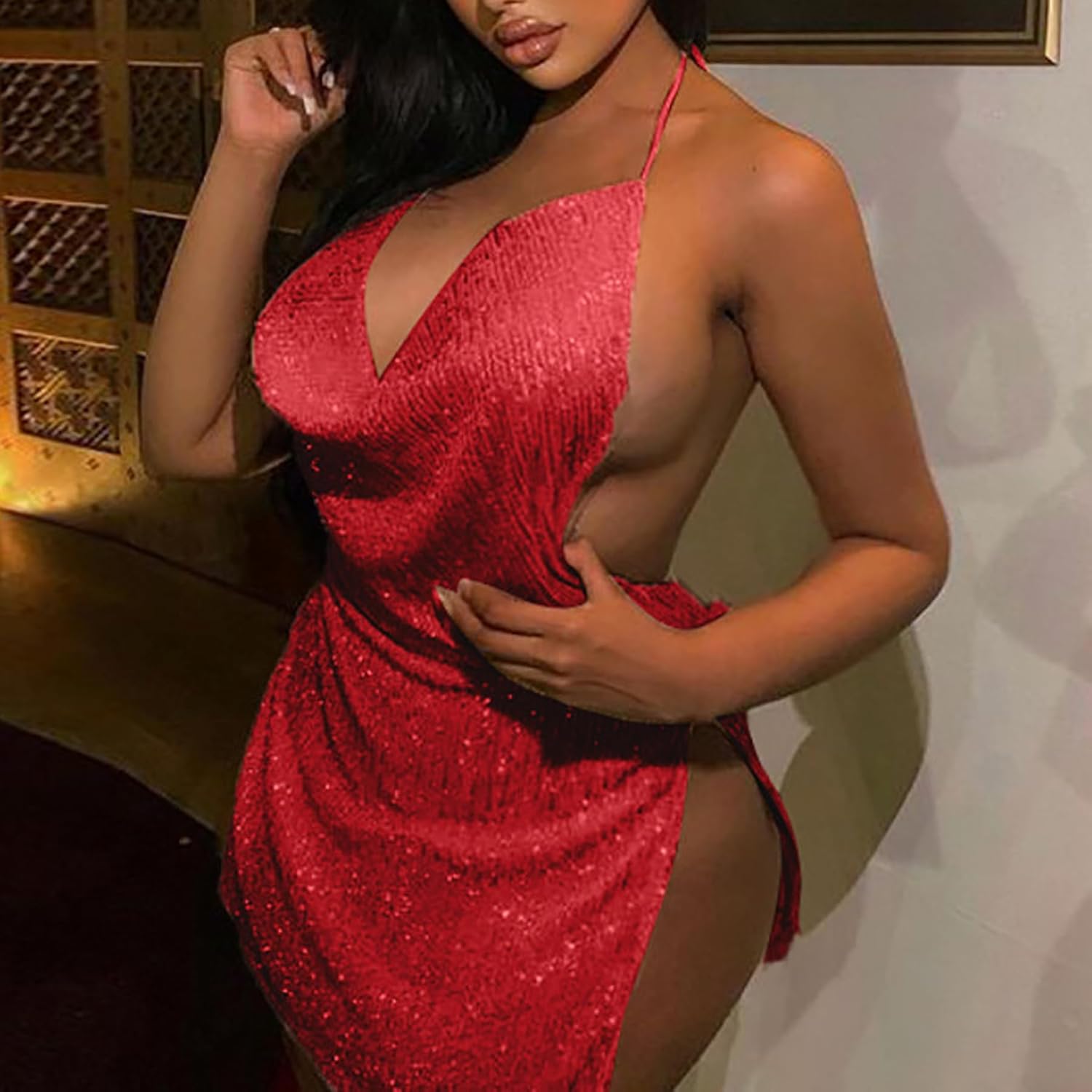 Women's Sequin Halter Bodycon Mini Dress Split Hem Backless Cowl Neck Sexy Short Dress Open Back Cocktail Party Dresses - Image 4