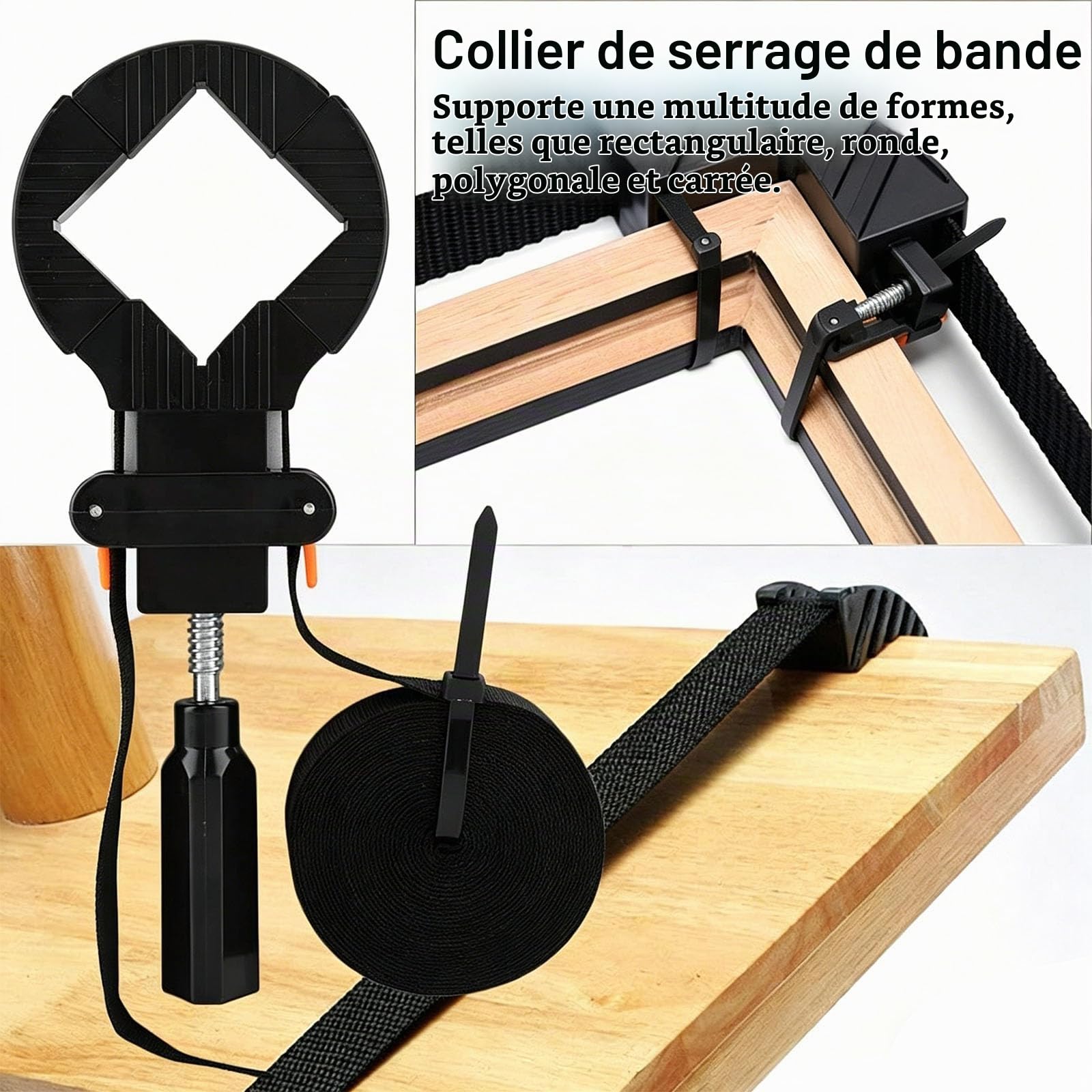 Sangle de Serrage de coin Réglable, Pince de Coin Réglable à 4 Mâchoires, Collier de Serrage de Sangle Collier de Serrage d'angle, Postuler à Coin Tiroir, Cadre en Bois(Le Noir)