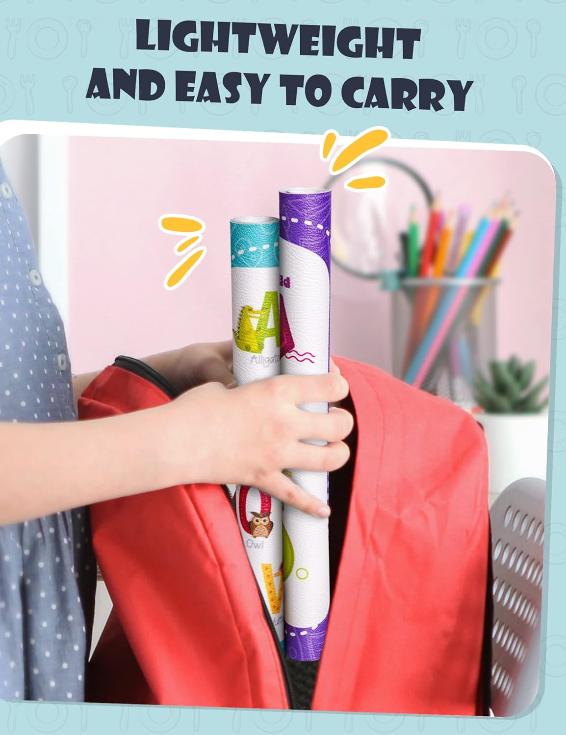 NiBaby Kids' Non Slip Educational Placemats Set of 4 Washable, Children's Interactive Placemats Foldable, Toddler Placemats for Learning Alphabet, Numbers, Shapes, Colors- Durable Reusable PU Leather