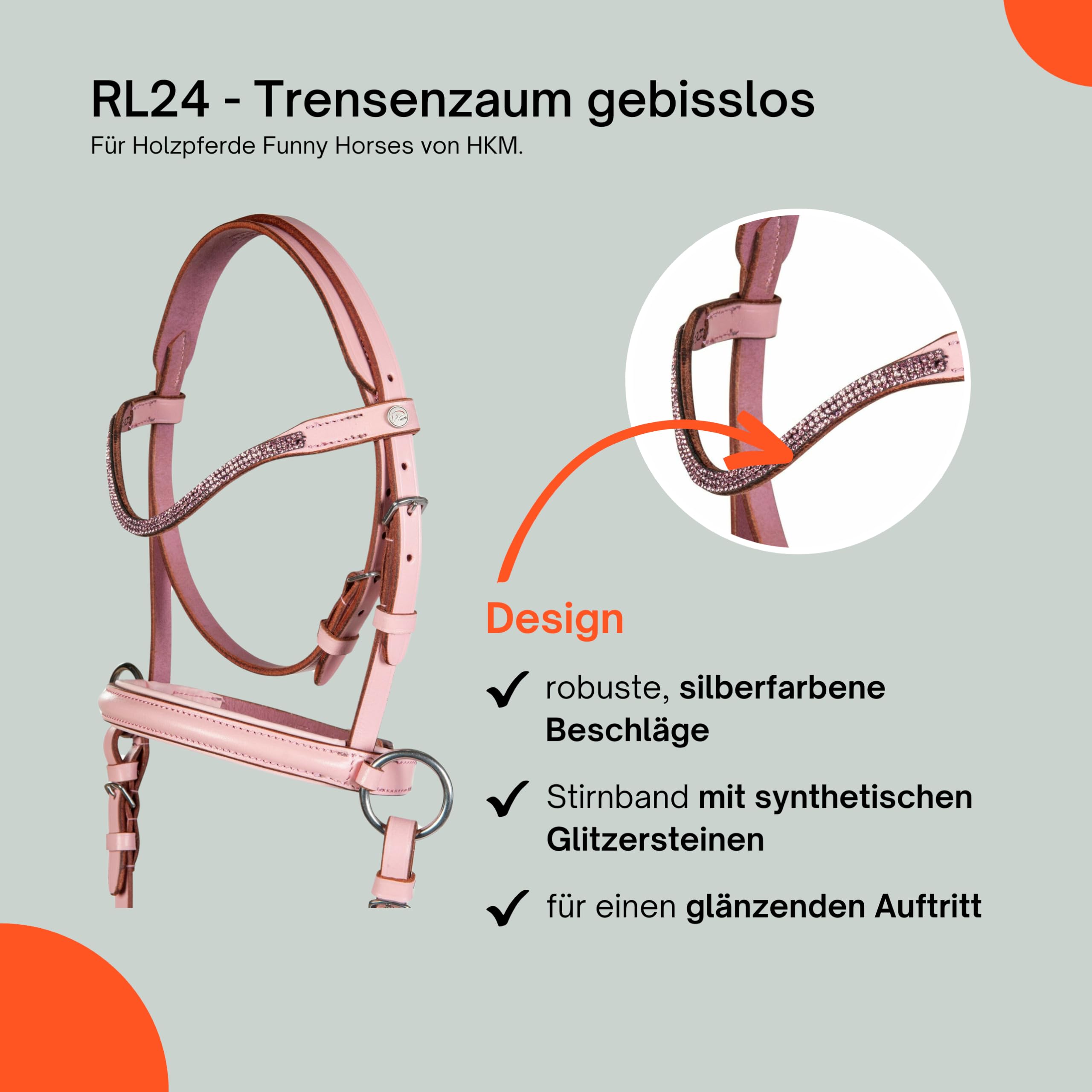 Trensenzaum gebisslos für Holzpferde Funny Horses von HKM | Trense aus Echtleder rosa | Zaumzeug für Holzpferd mit Zügel | Pferdespielzeug für Kinder | Holzpferd Zubehör