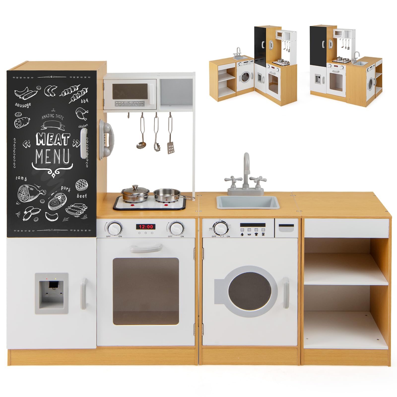 COSTWAY Wooden Kids Kitchen, Large Pretend Toy Kitchen with Realistic Sounds & Lights, Water Dispenser, Washing Machine, Blackboard, Cookware, Role Play Kitchens for Ages 3+