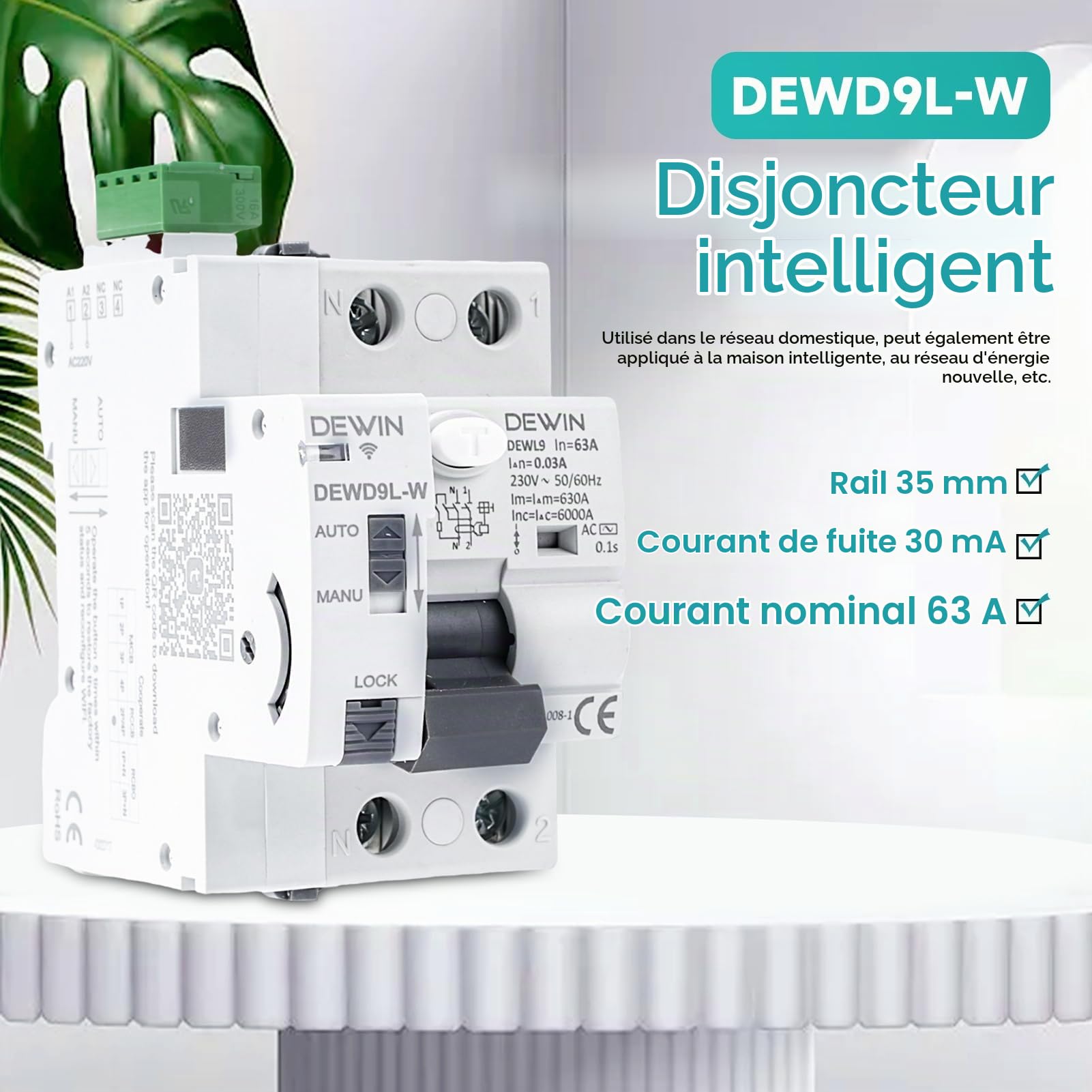 DEWIN Interrupteur Différentiel à Réarmement Automatique, GRD9L-W Interrupteur à Réenclenchement Manuel Réenclencheur avec WiFi Disjoncteur à Commande à Distance Fonction 2P 63A 30mA AC 230V