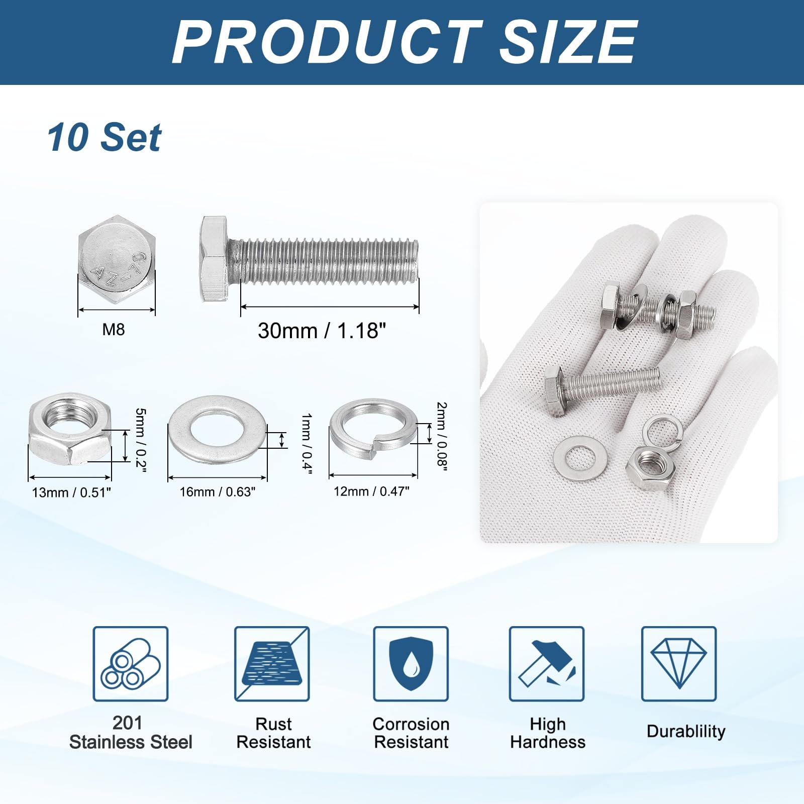 PATIKIL M8x30mm Hex Bolt with Nuts Flat Spring Lock Washers - Image 2