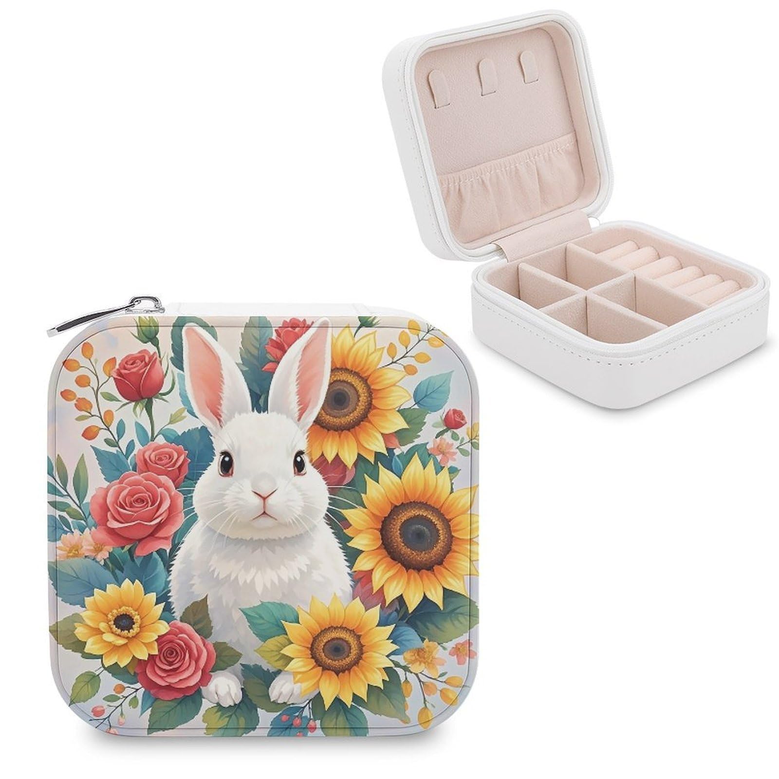LZQPOEAS Watercolor Rabbit And Flowers Jewelry Box Mini Jewelry Travel Case Trendy Stuff Ring Box Custom PU Leather Jewelry Boxes Portable Jewelry Case Earring Storage Organizer for Girls Women