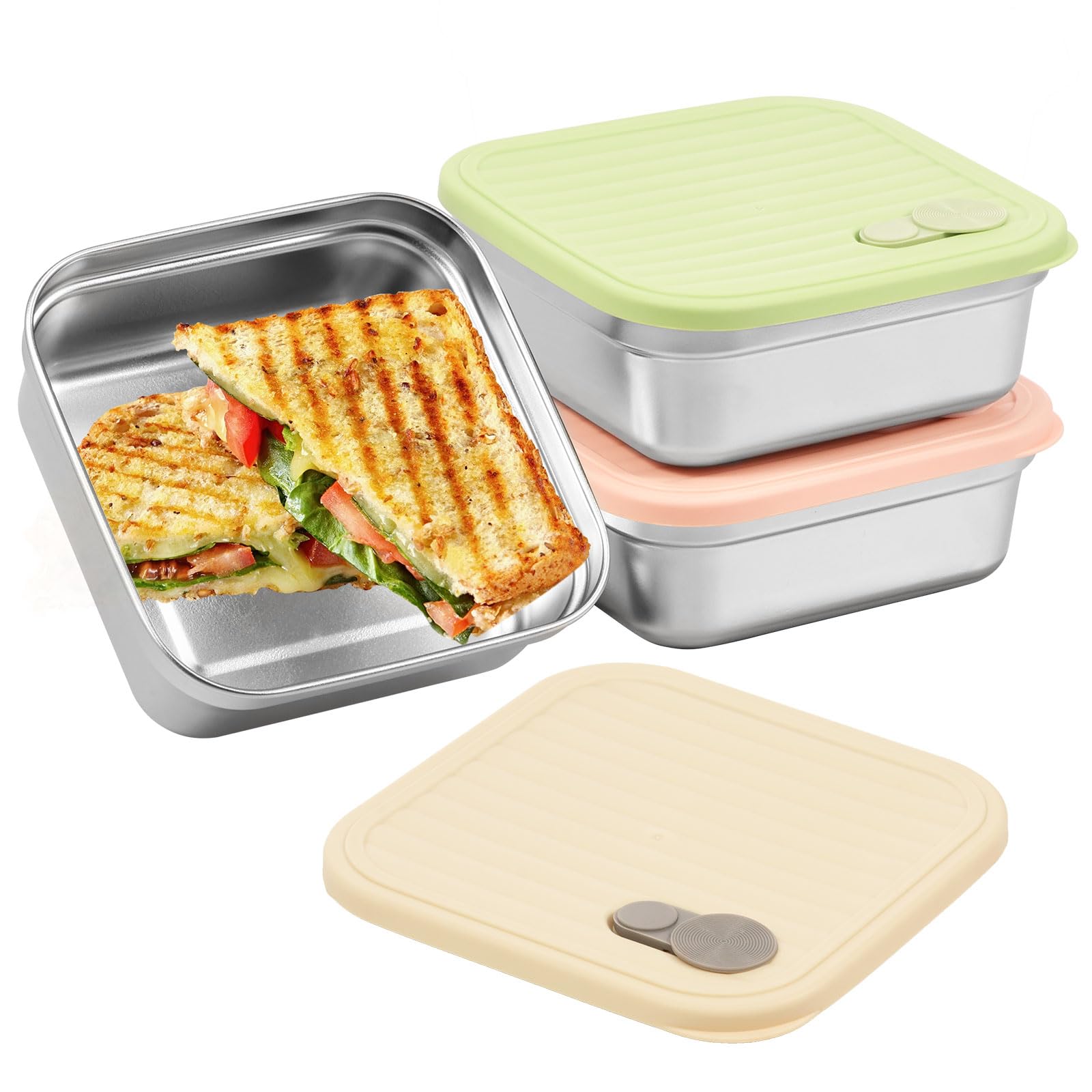 NZWBSHSSP 3 Pack Stainless Steel Sandwich Containers (22 oz / 650ml) - Reusable Metal Food Storage Containers & to Go Lunch Box for Kids & Adults, Leak-Proof & Dishwasher Safe