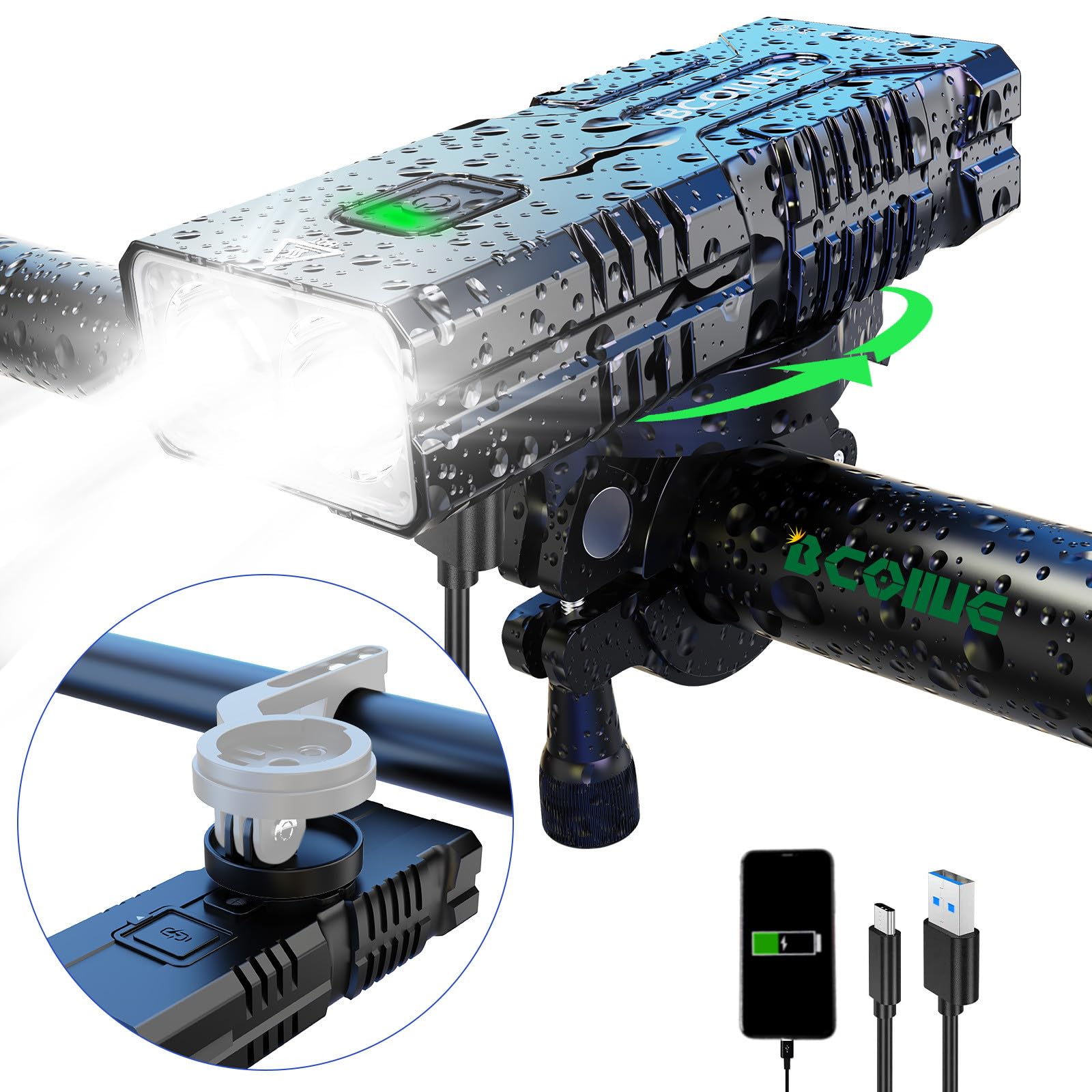 Bike Lights for Night Riding, Super Lumen Continuous Output 360 Rotatable Quick Release Compatible with Garmin Bicycle Headlight, Runtime 23+ Hours, USB Rechargeable Waterproof