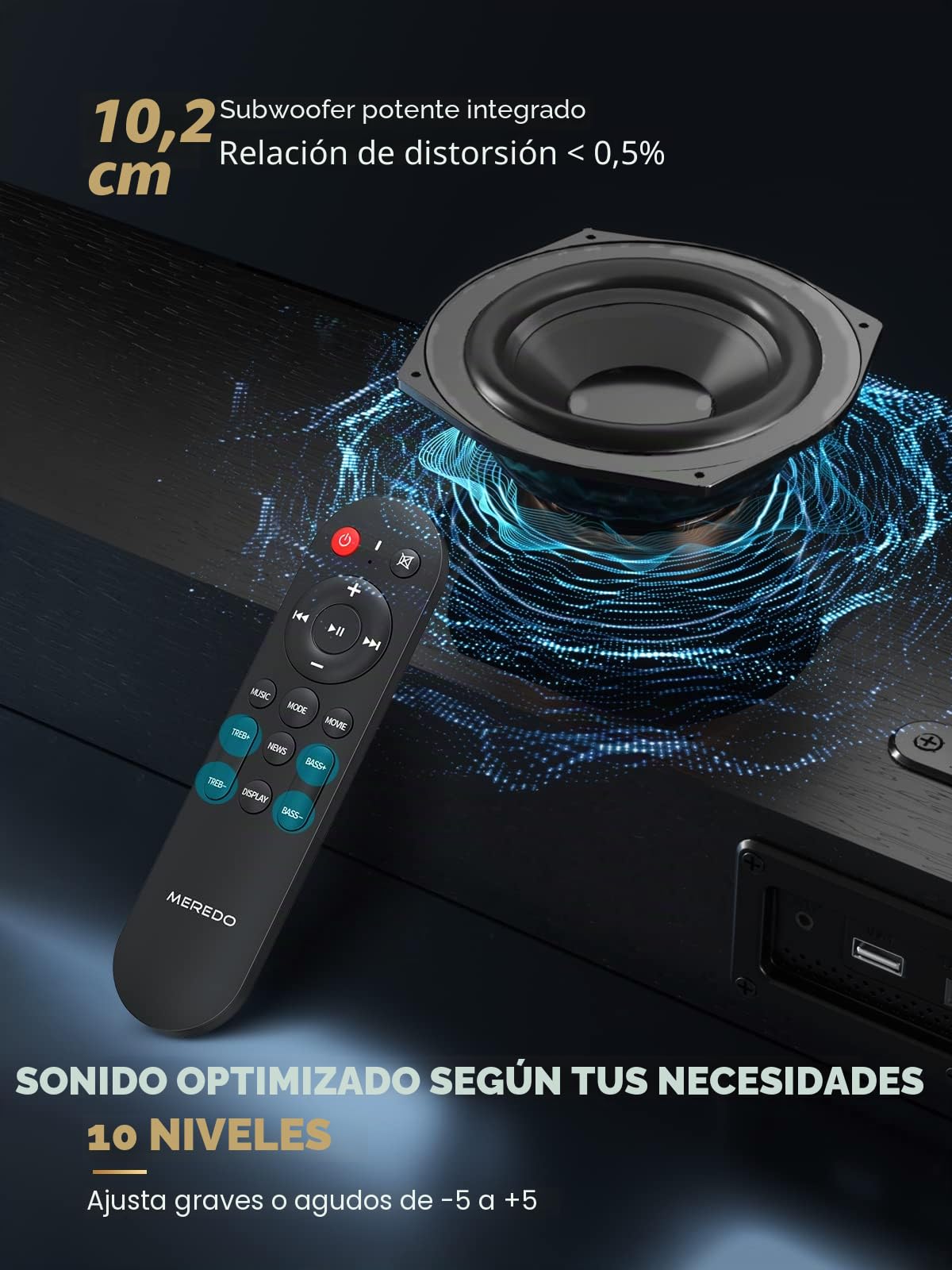 MEREDO Barra de Sonido, Sistema de Barra de Sonido para TV Altavoz BT 5.0 de 2.1 Canales y 150W con subwoofer Integrado para PC/Cine en casa, Compatible con ARC/óptico/Aux/USB