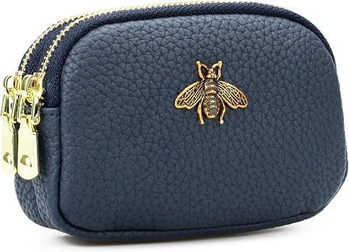 WOZEAH Leather Coin Purse for Women Small 2 Zipper Change Wallet with Key Ring Card Key Coin Cash Holder PouchBlue